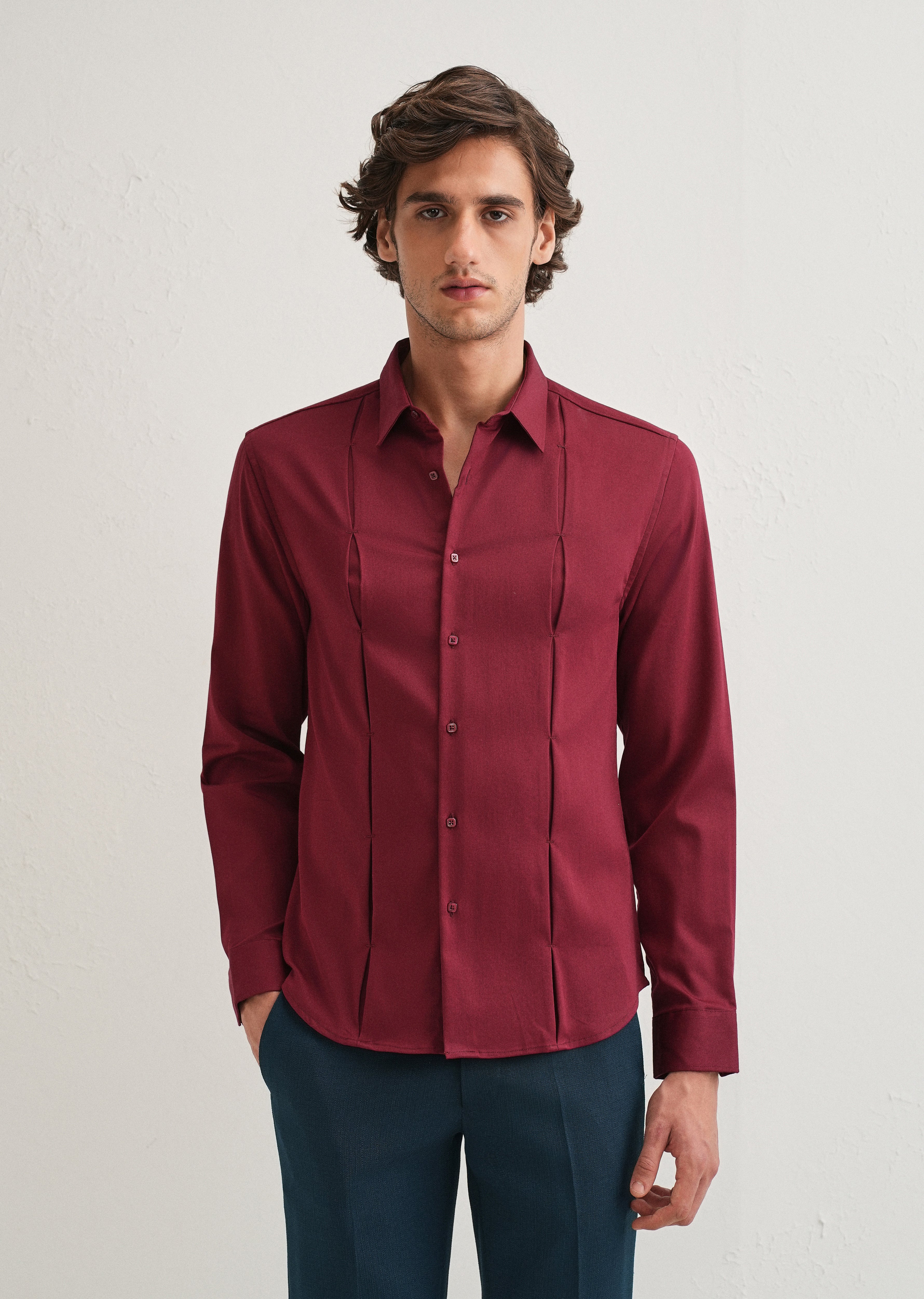 Maroon Front Panel Open Pleat Shirt