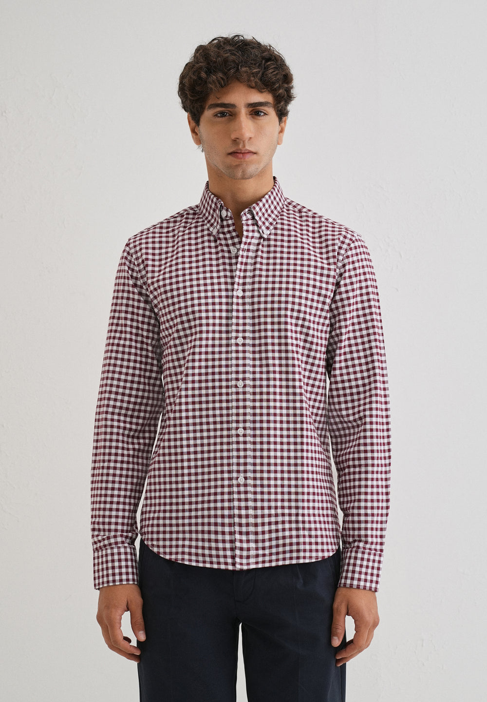 Maroon Gingham Check Cotton Oxford Shirt