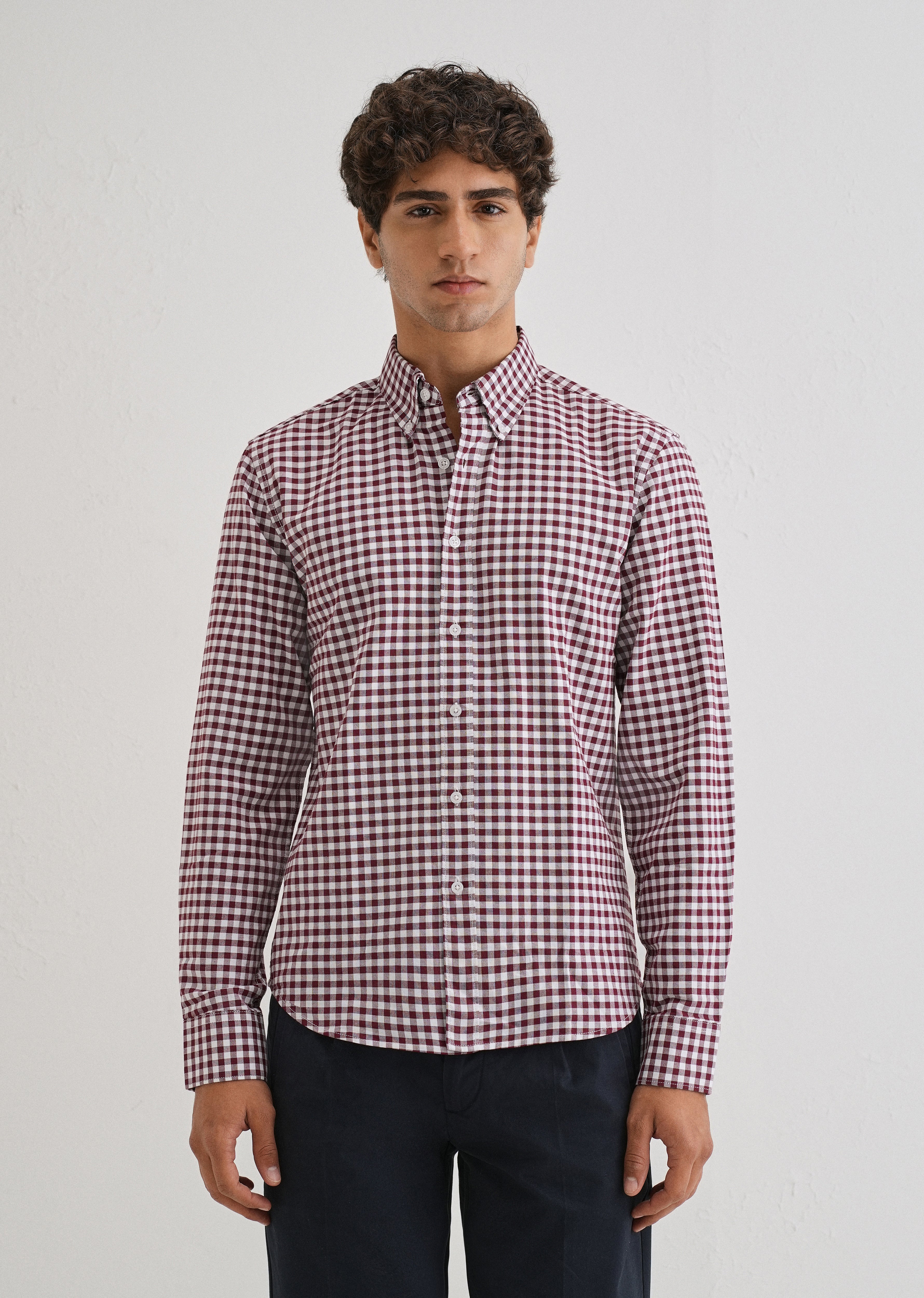 Maroon Gingham Check Cotton Oxford Shirt
