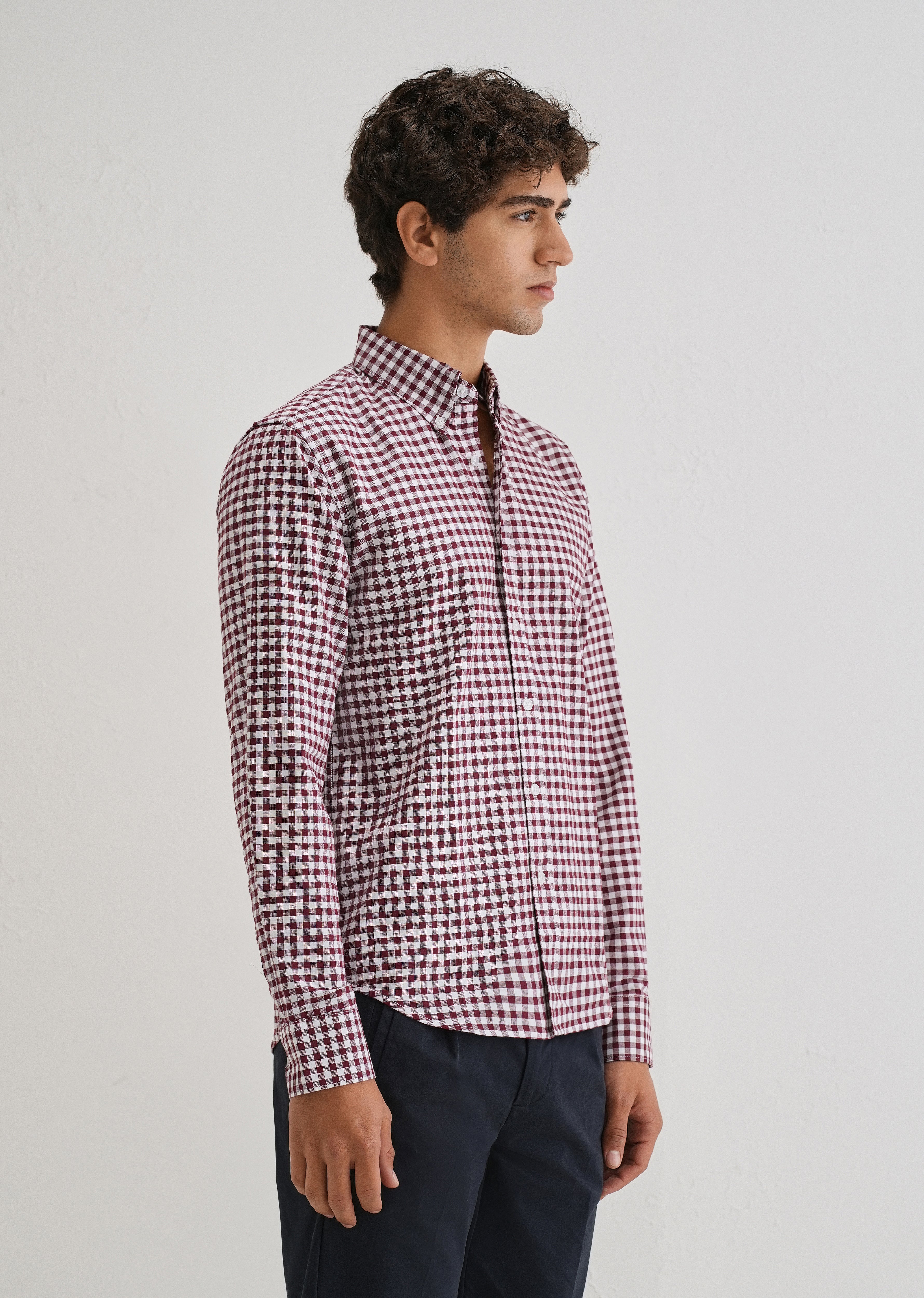 Maroon Gingham Check Cotton Oxford Shirt
