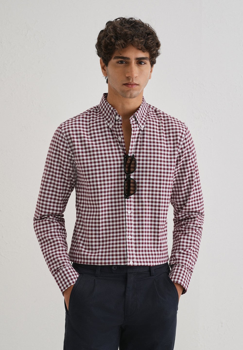 Maroon Gingham Check Cotton Oxford Shirt