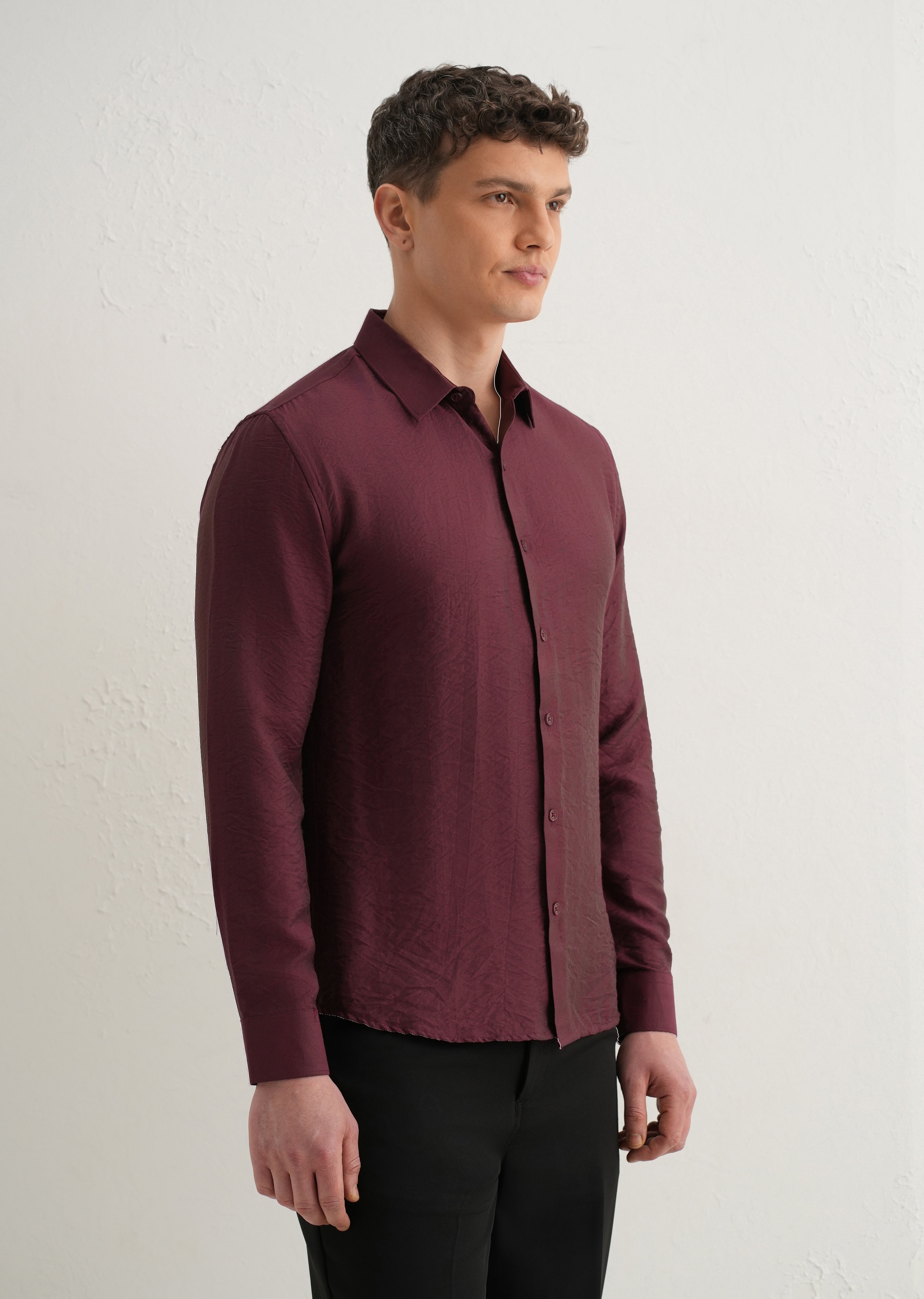 Maroon Plain Crushed Satin Shirt