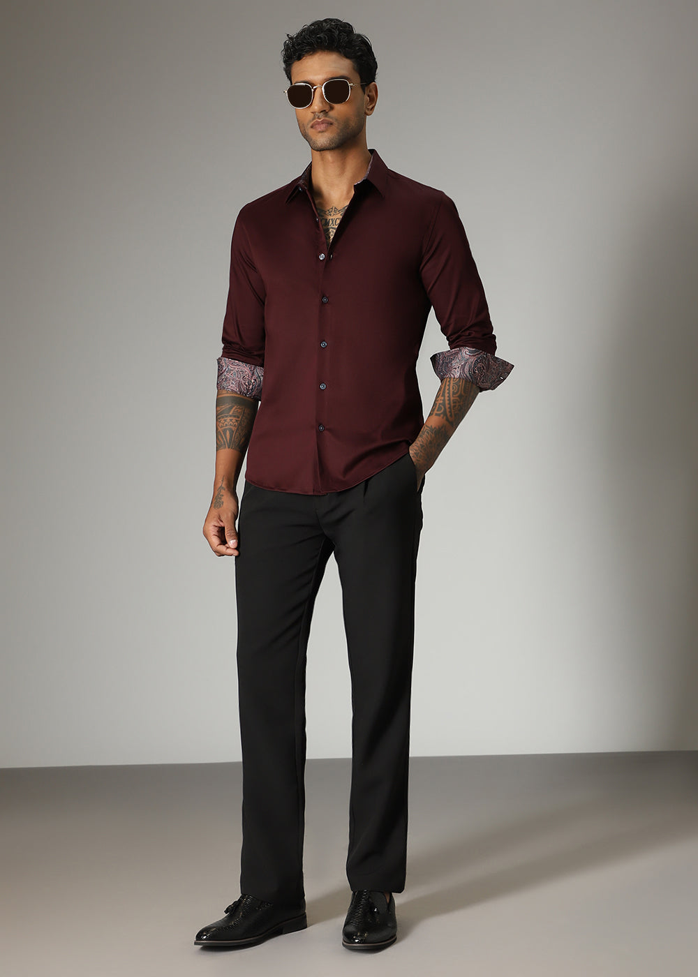 Maroon Printed Cuff Shirt