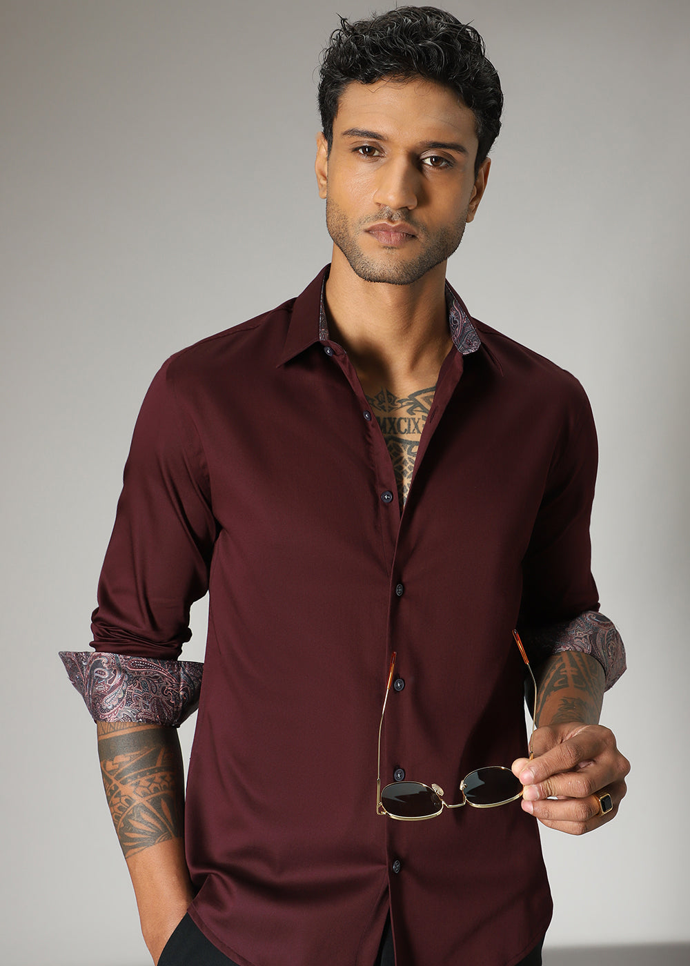 Maroon Printed Cuff Shirt