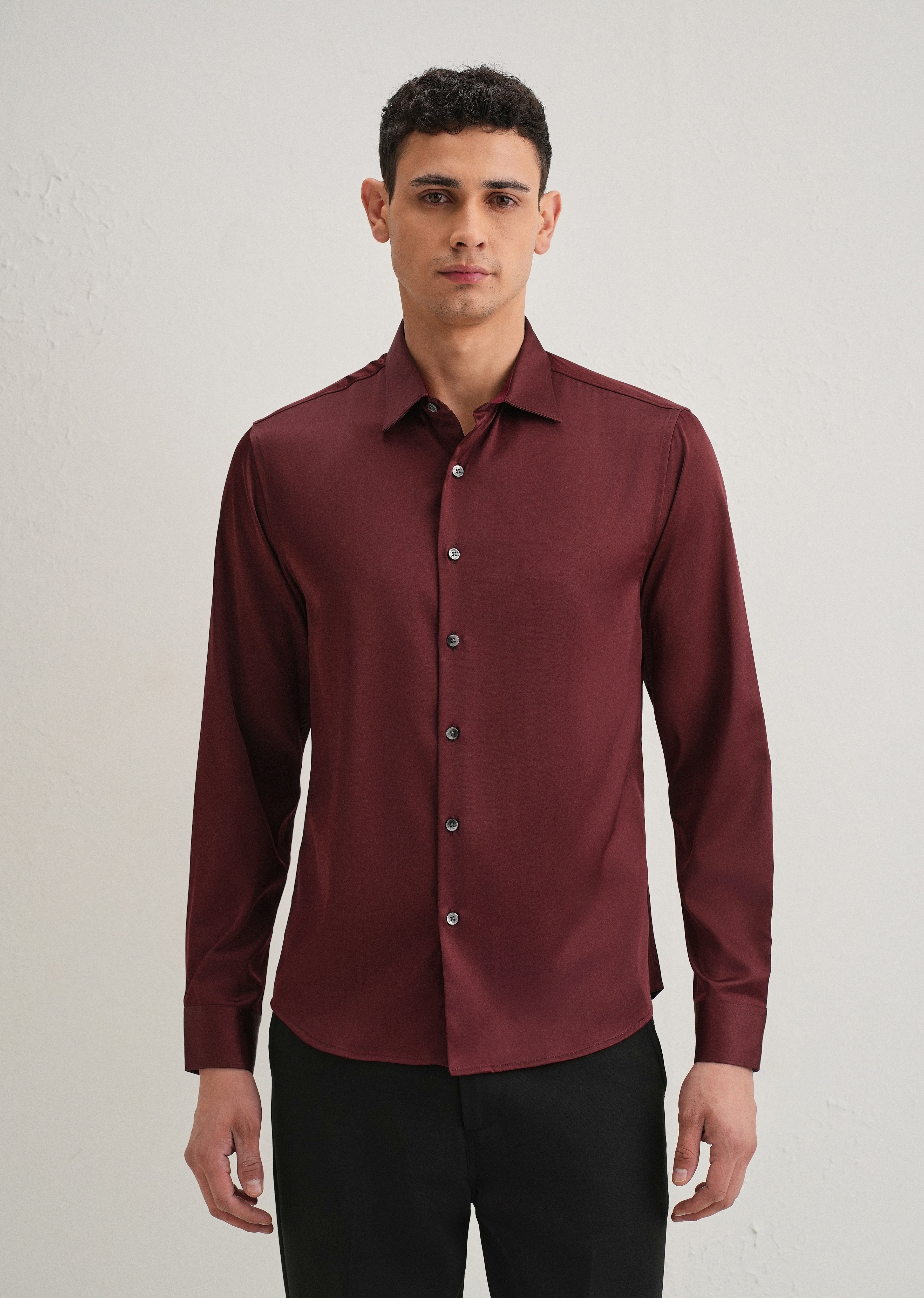 Maroon Satin-Finish Plain Shirt