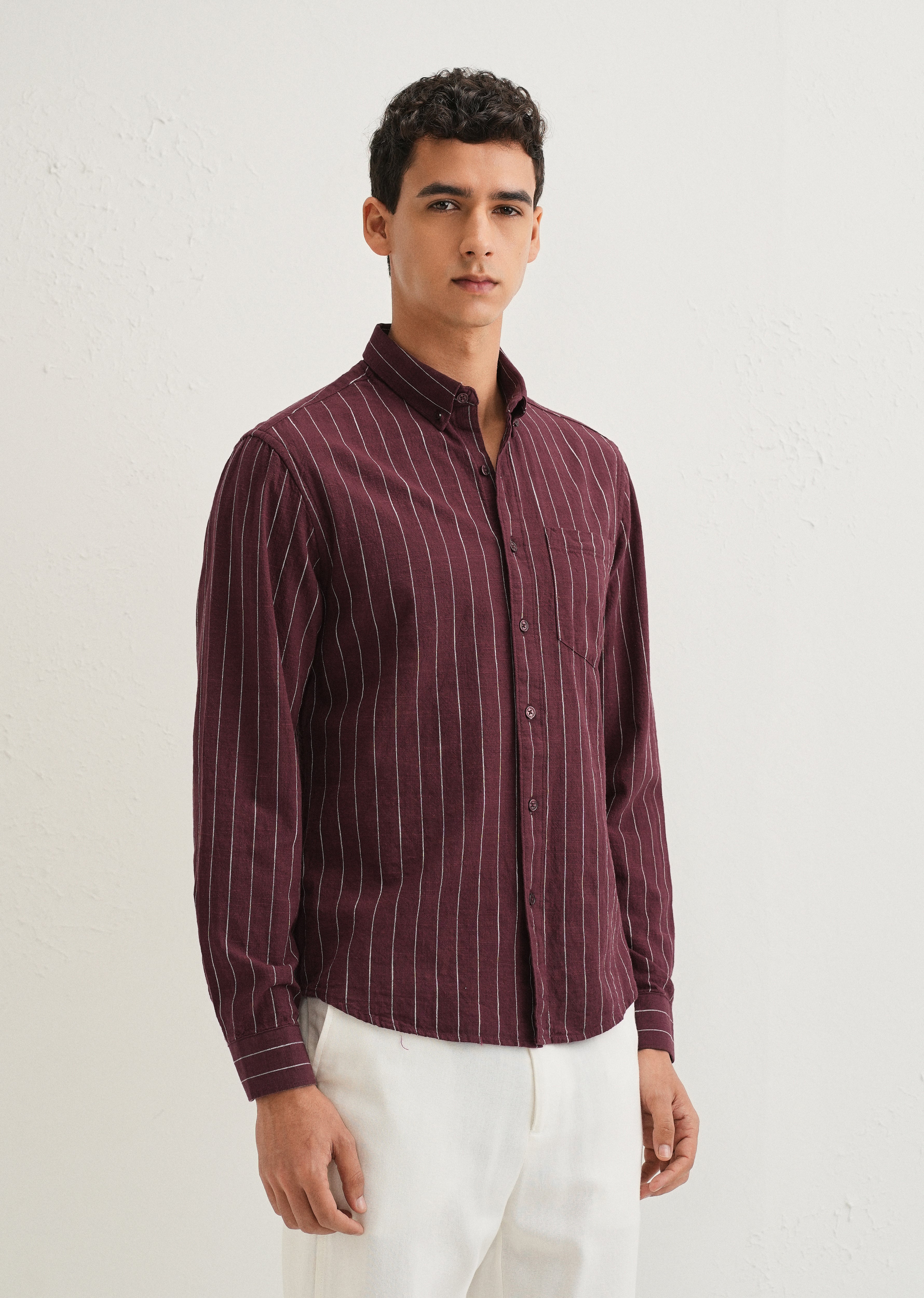 Maroon Striped Cotton Linen Shirt