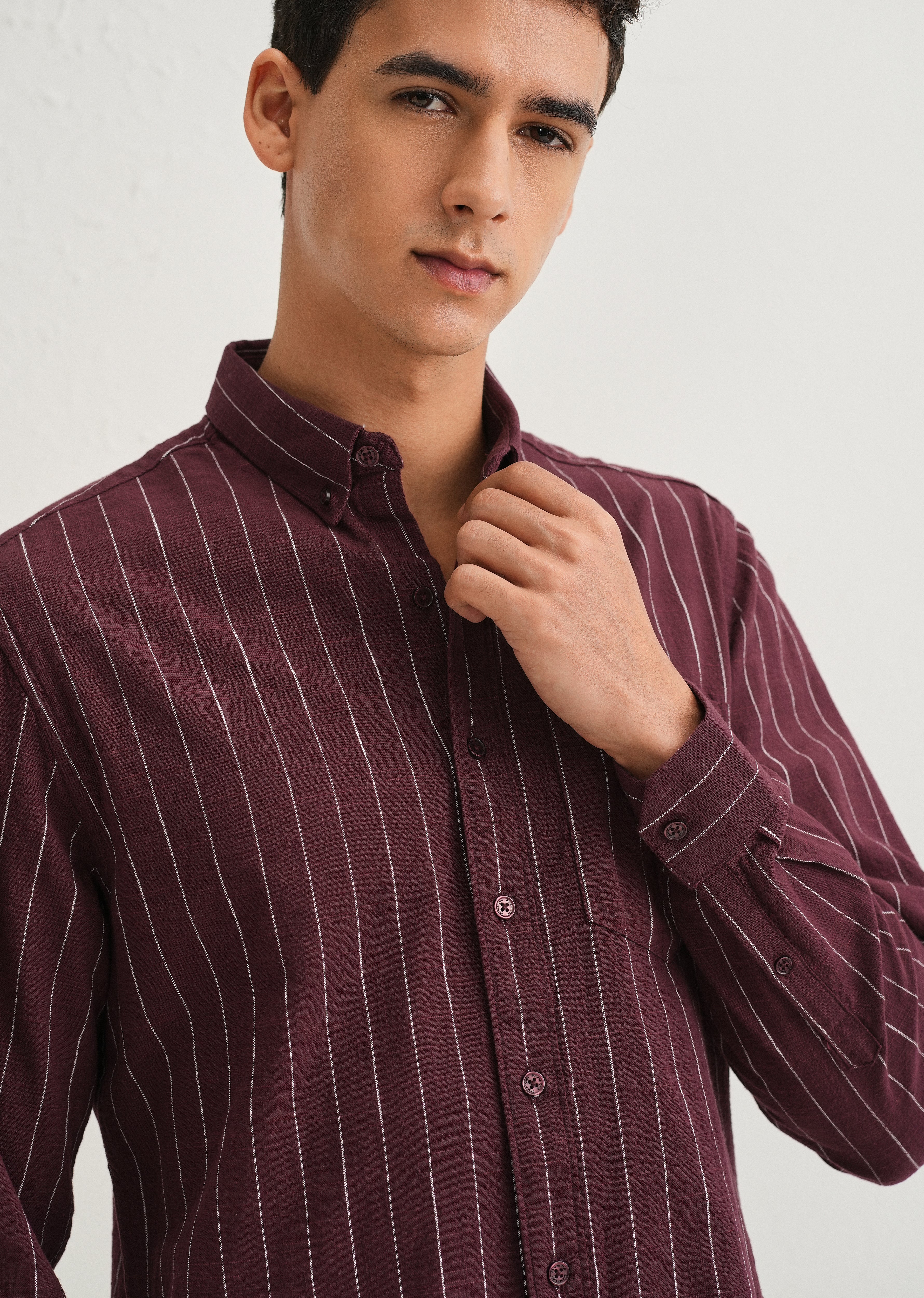 Maroon Striped Cotton Linen Shirt