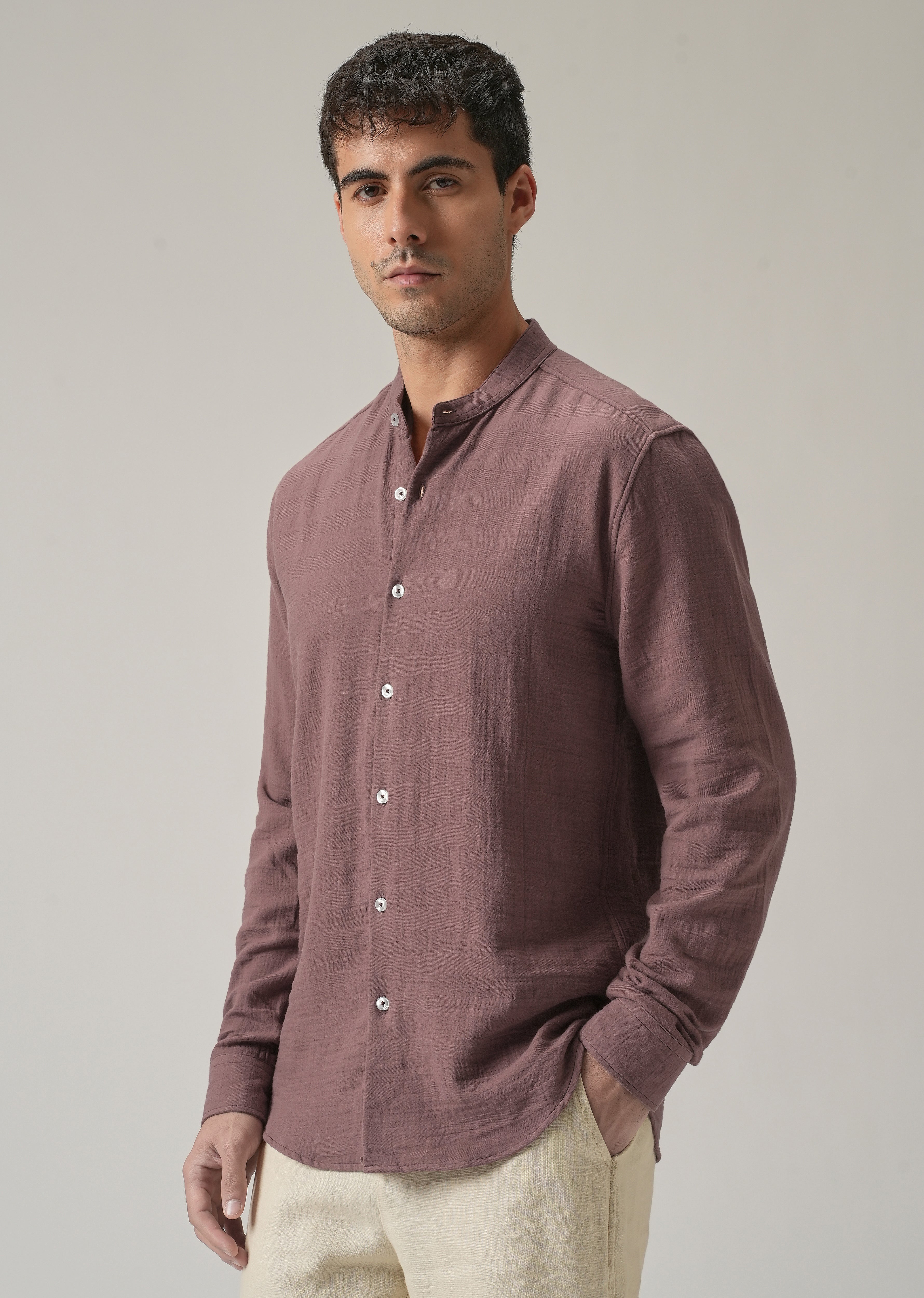 Mauve Plain Mandarin Collar Cotton Shirt