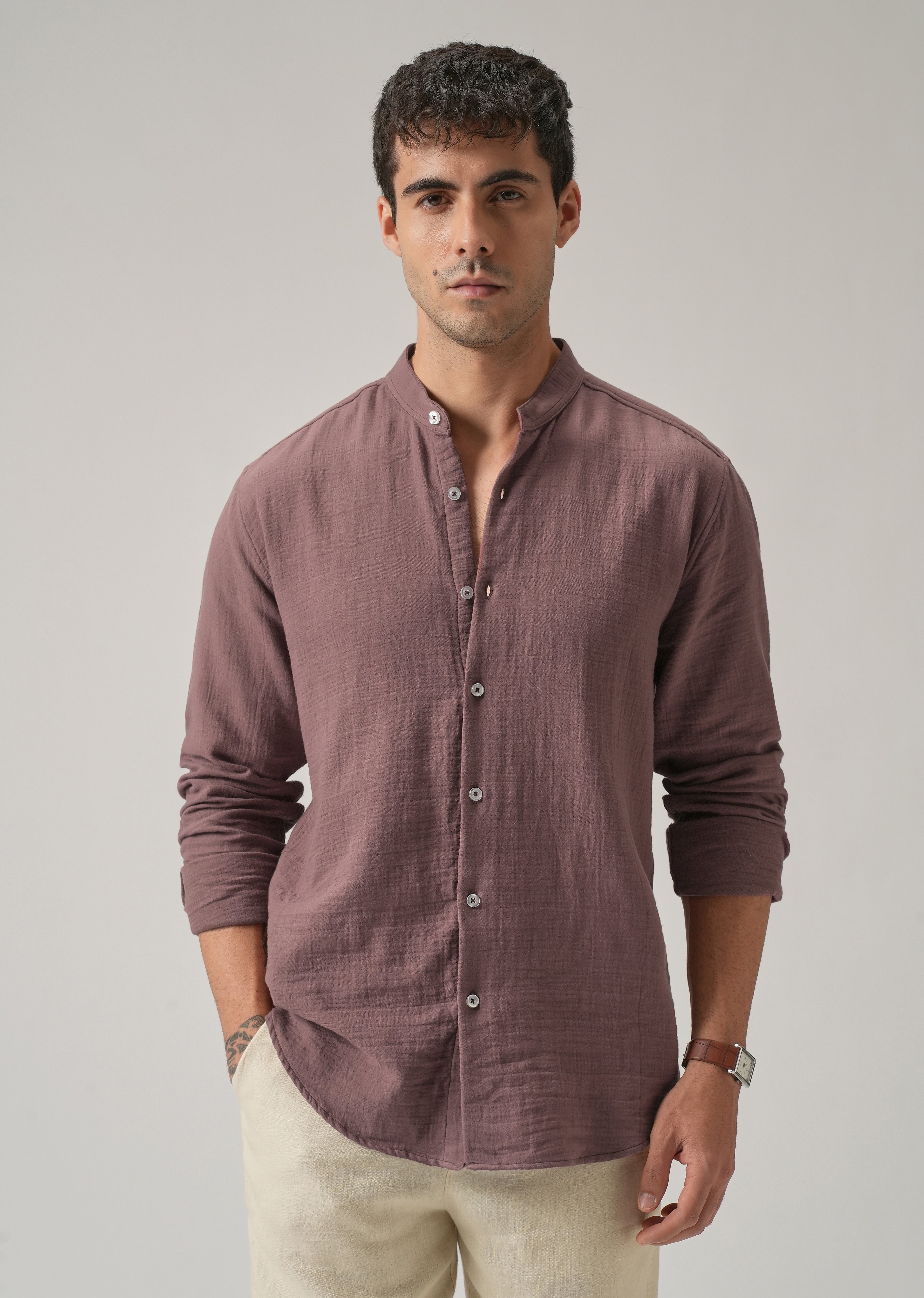 Mauve Plain Mandarin Collar Cotton Shirt