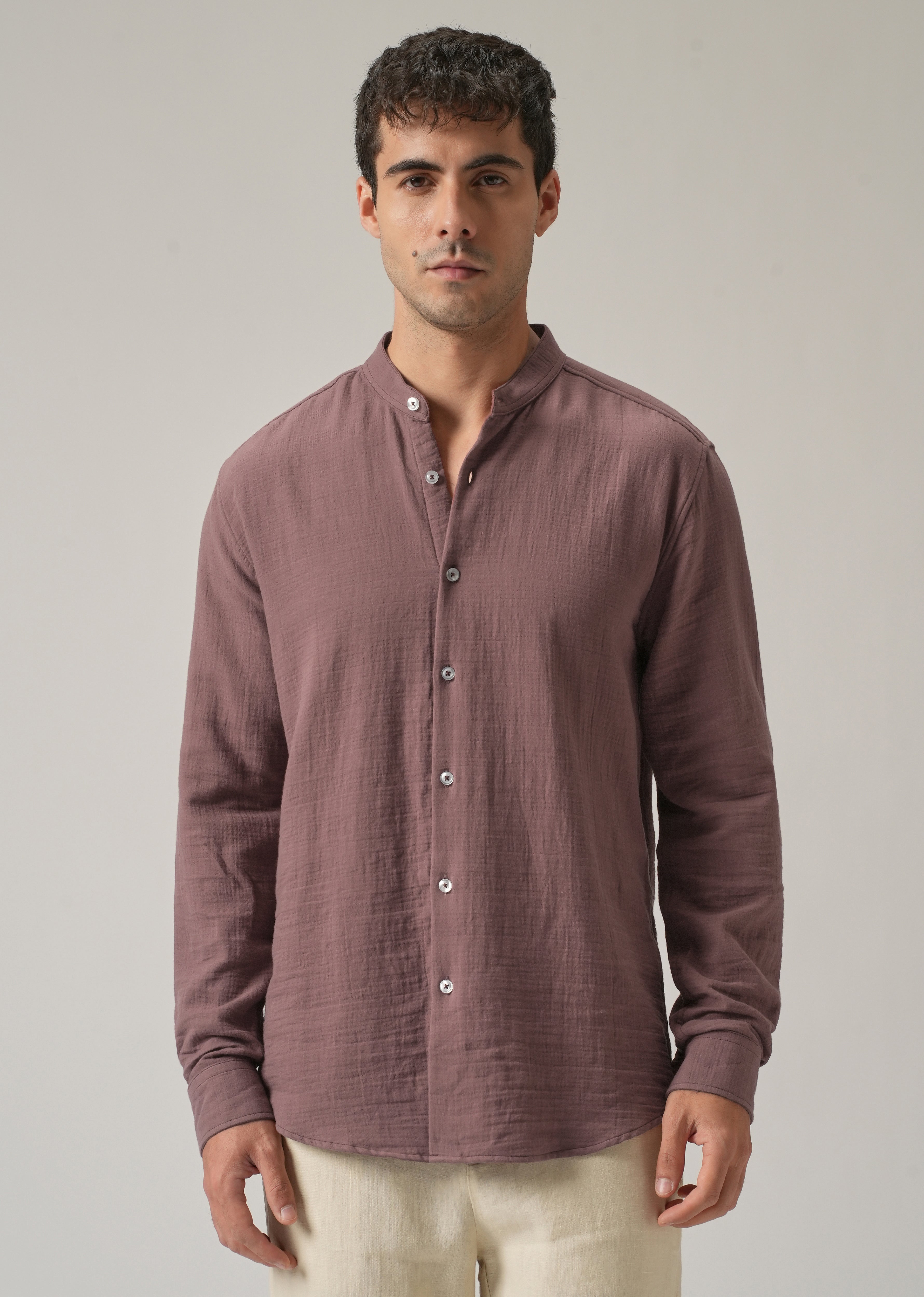 Mauve Plain Mandarin Collar Cotton Shirt