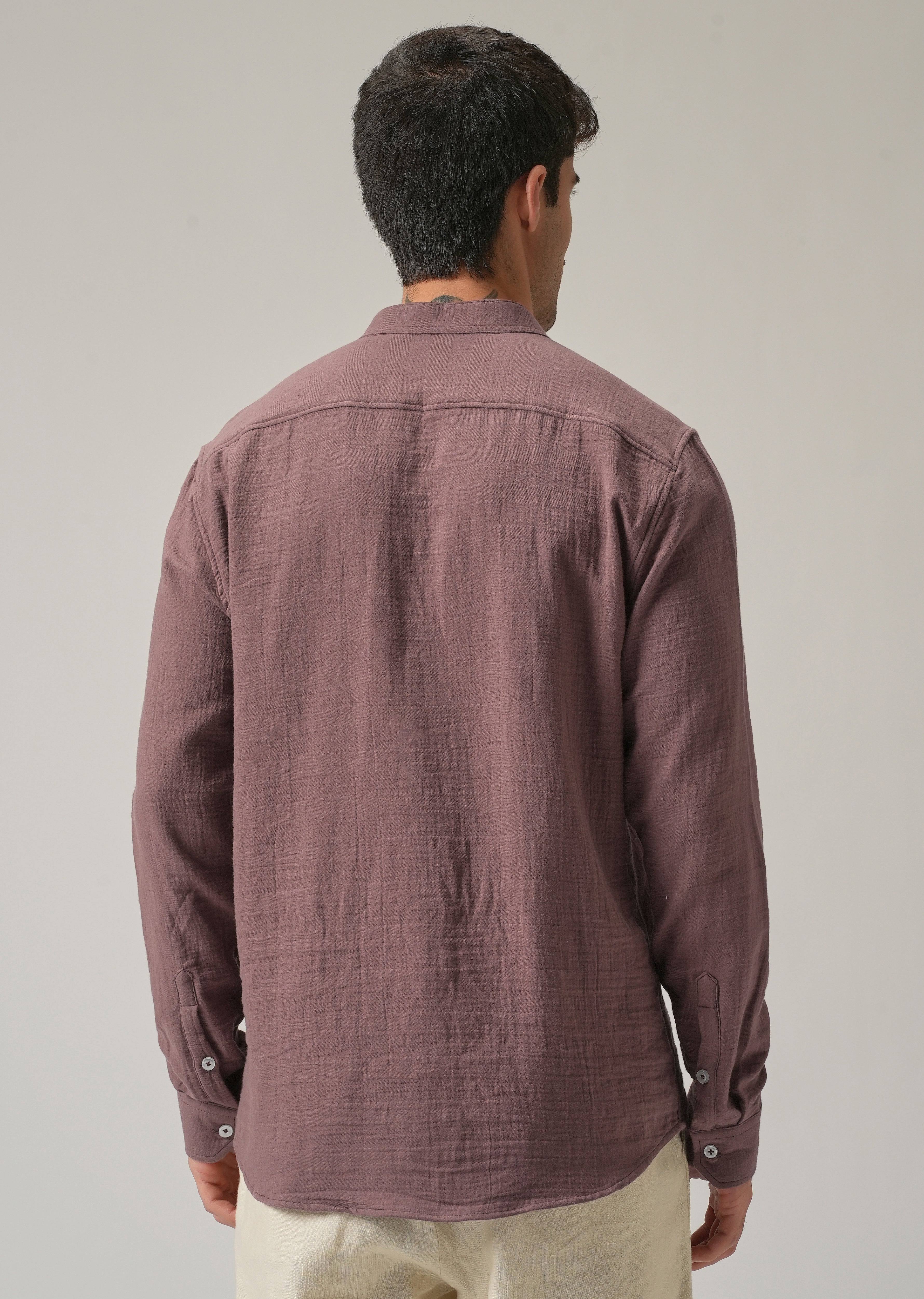 Mauve Plain Mandarin Collar Cotton Shirt