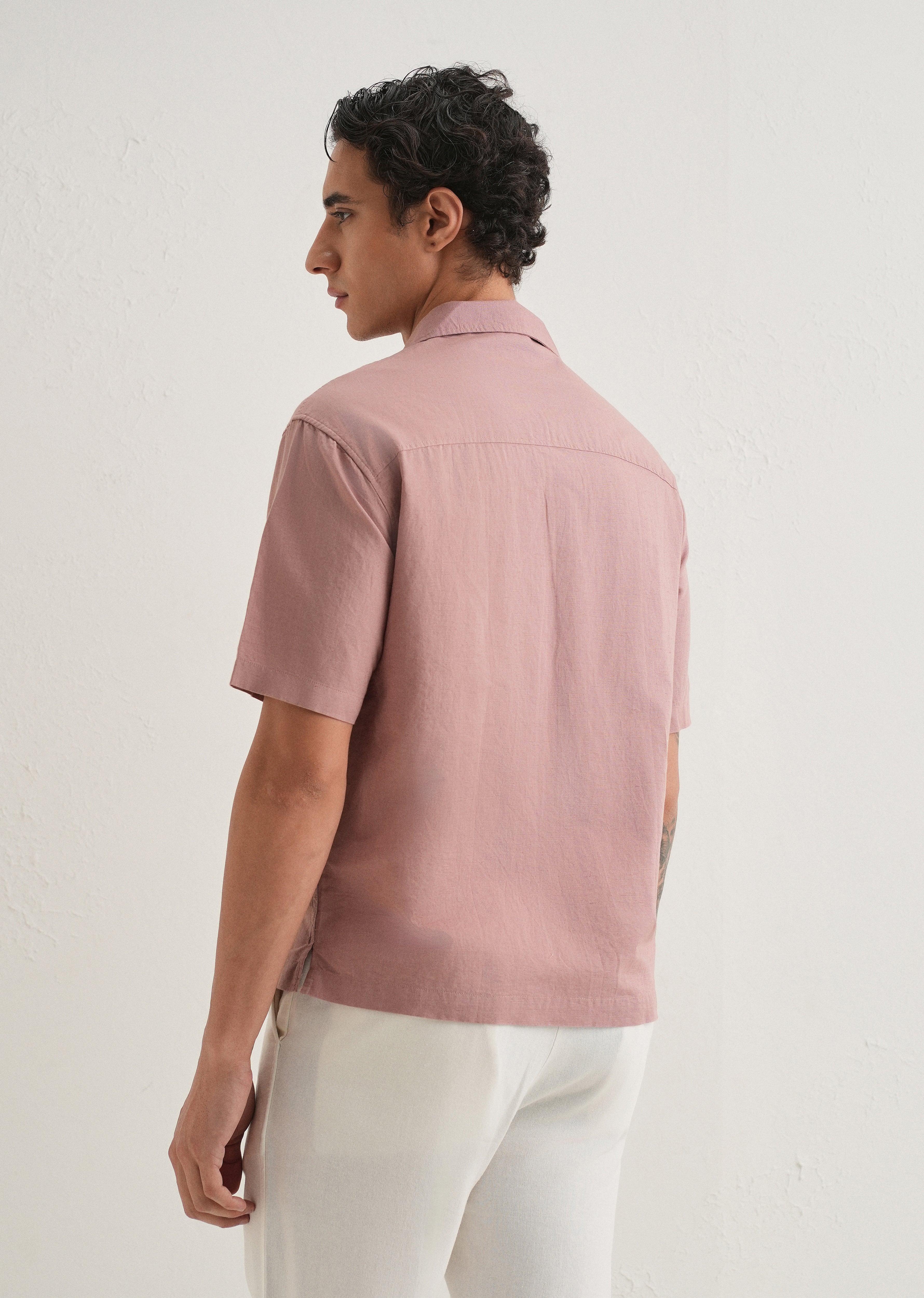 Mauve Pink Embroidered Cotton Linen Shirt