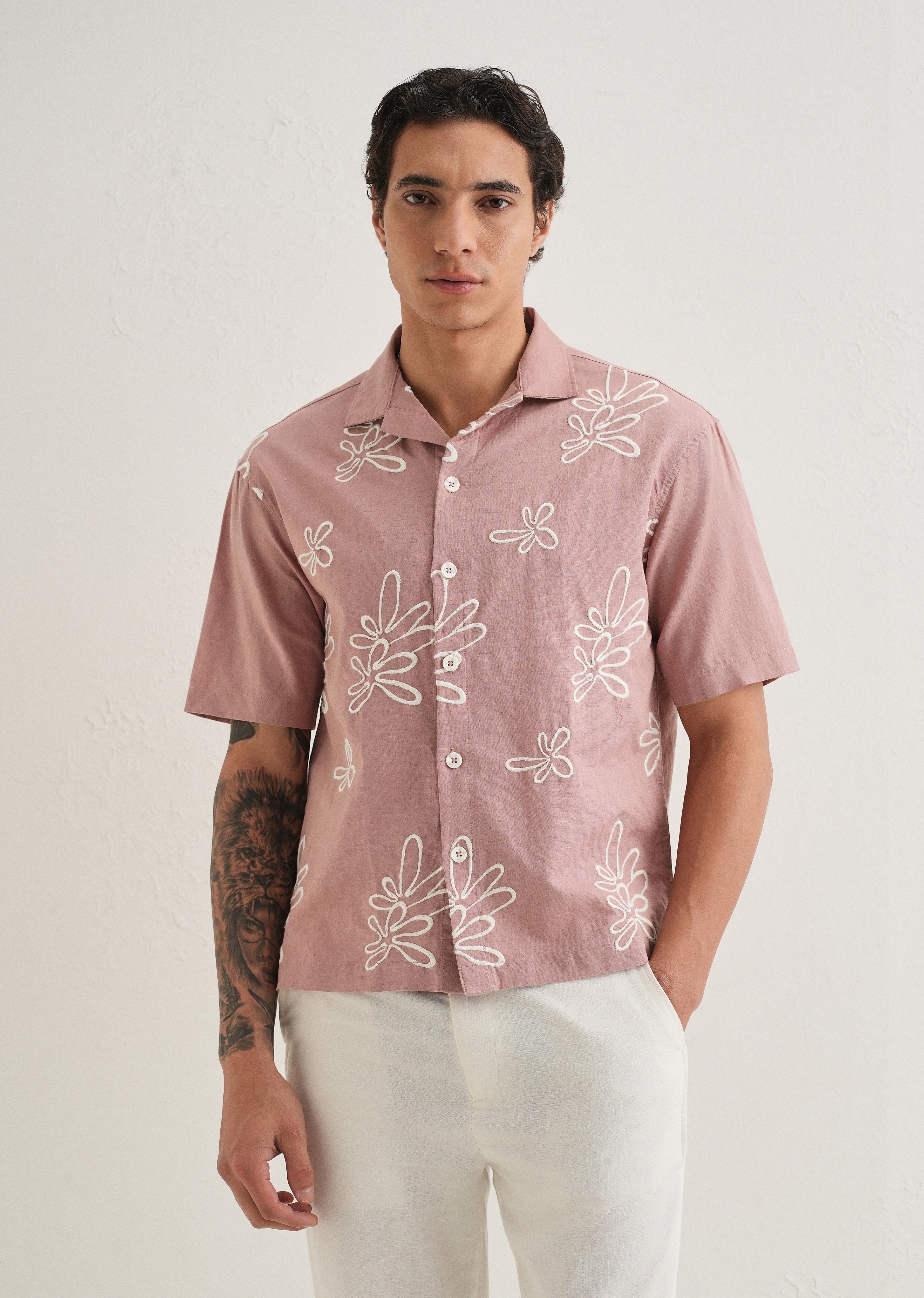 Mauve Pink Embroidered Cotton Linen Shirt