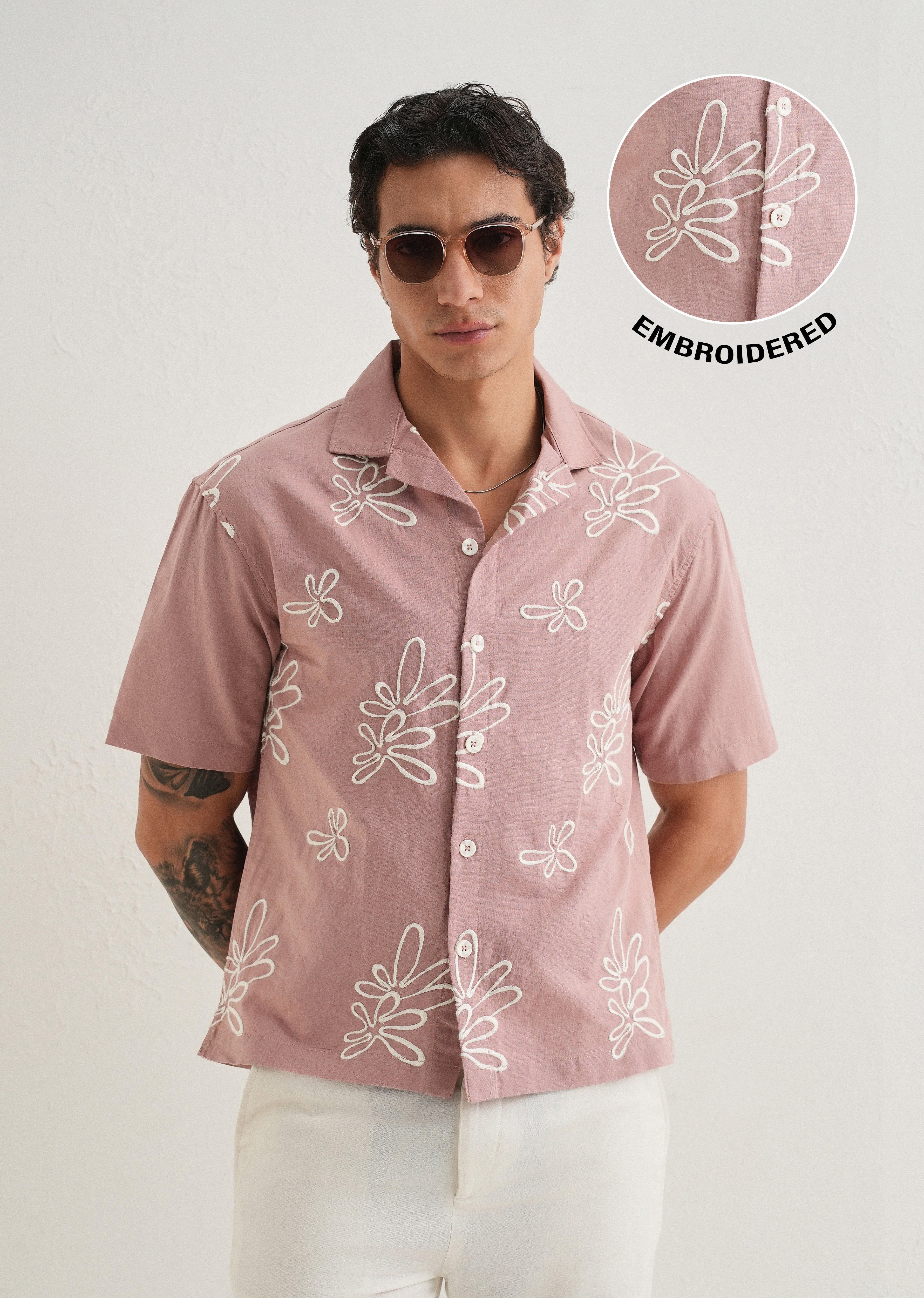 Mauve Pink Embroidered Cotton Linen Shirt