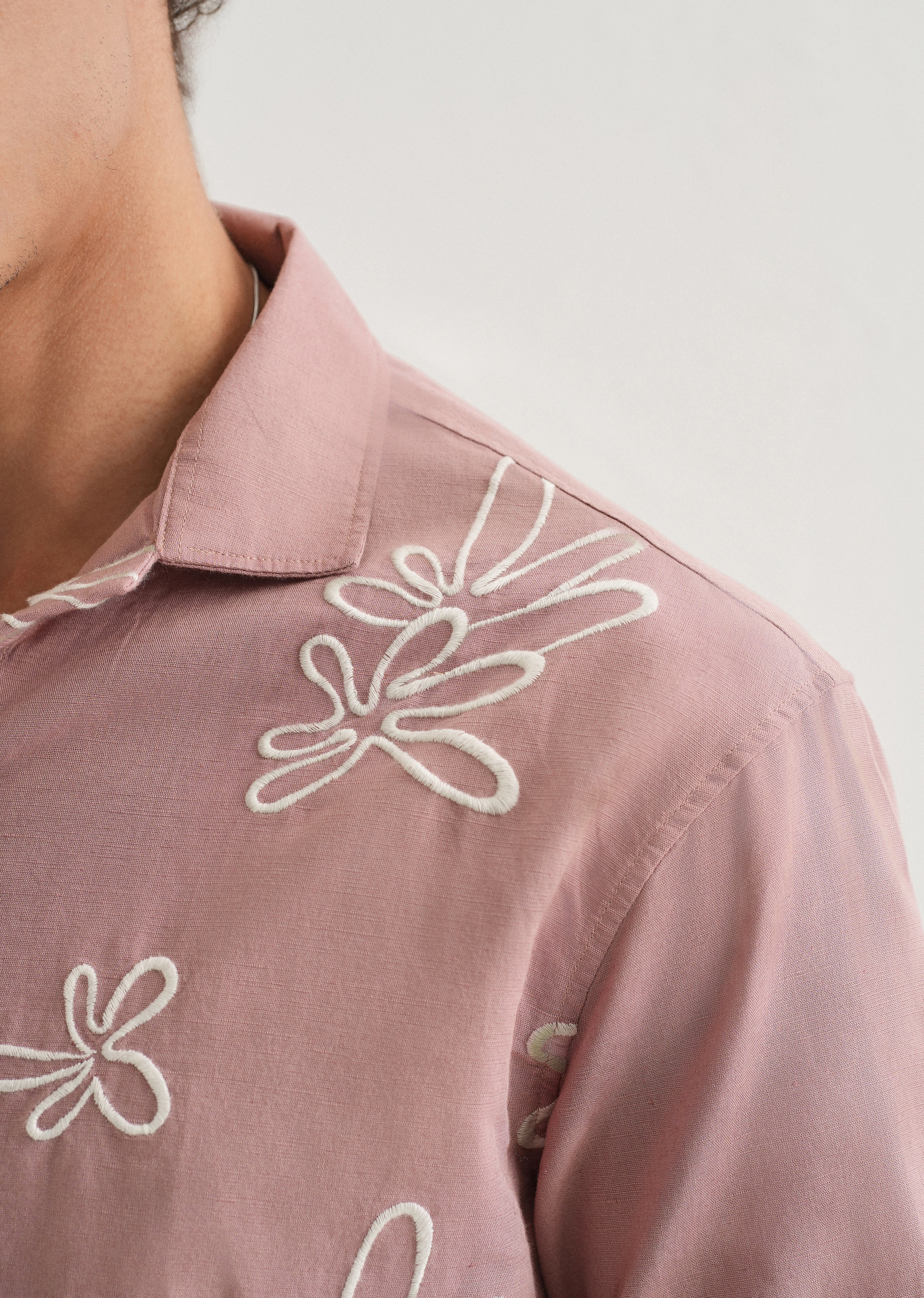 Mauve Pink Embroidered Cotton Linen Shirt