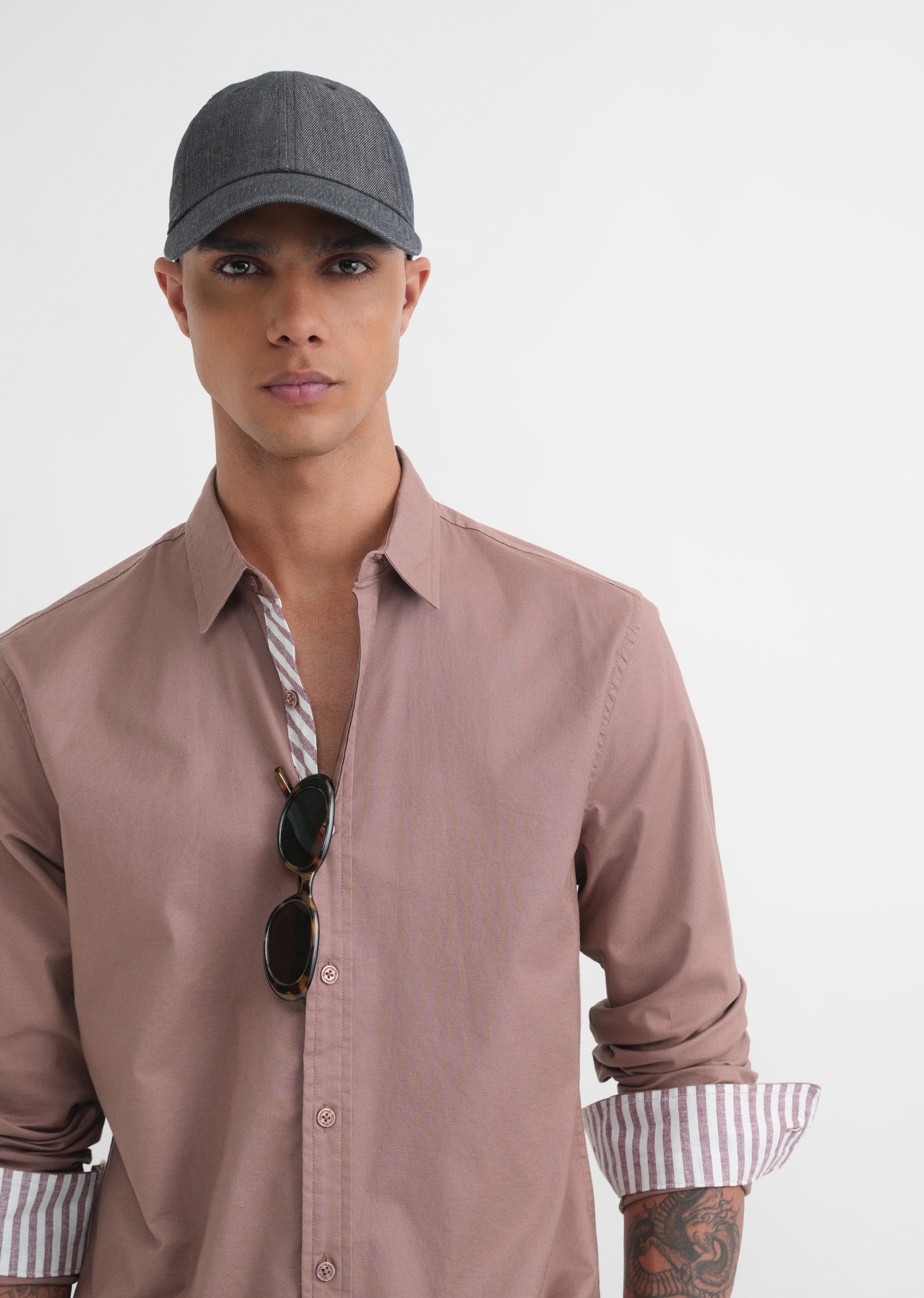 Mauve Striped Placket Cotton Shirt