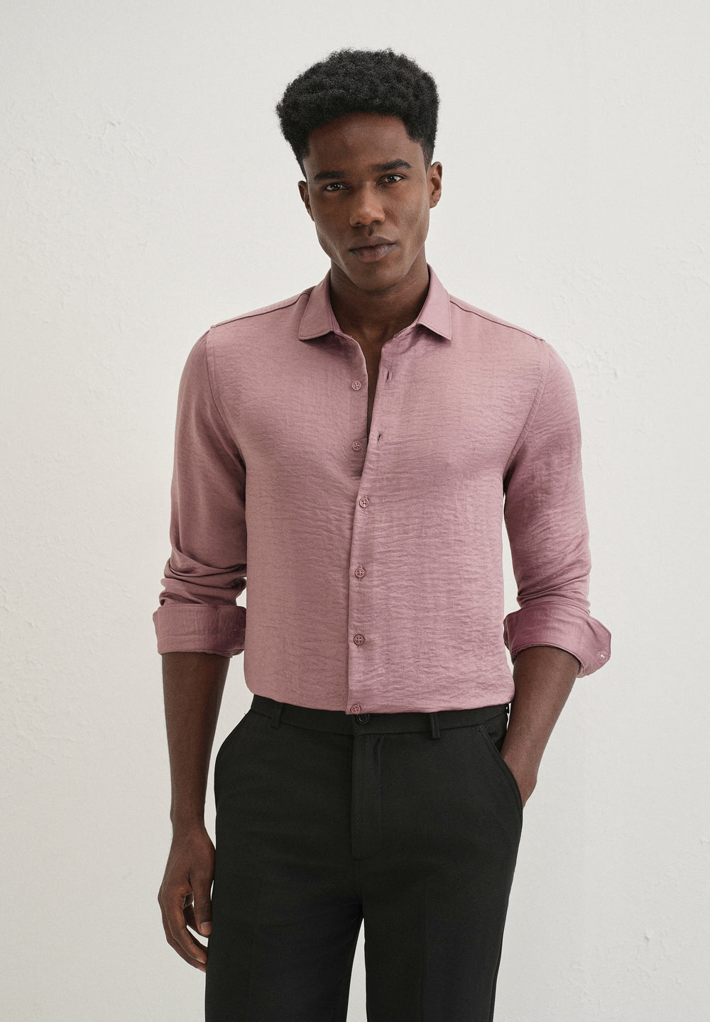 Mauve Pink Plain Crushed Satin Shirt