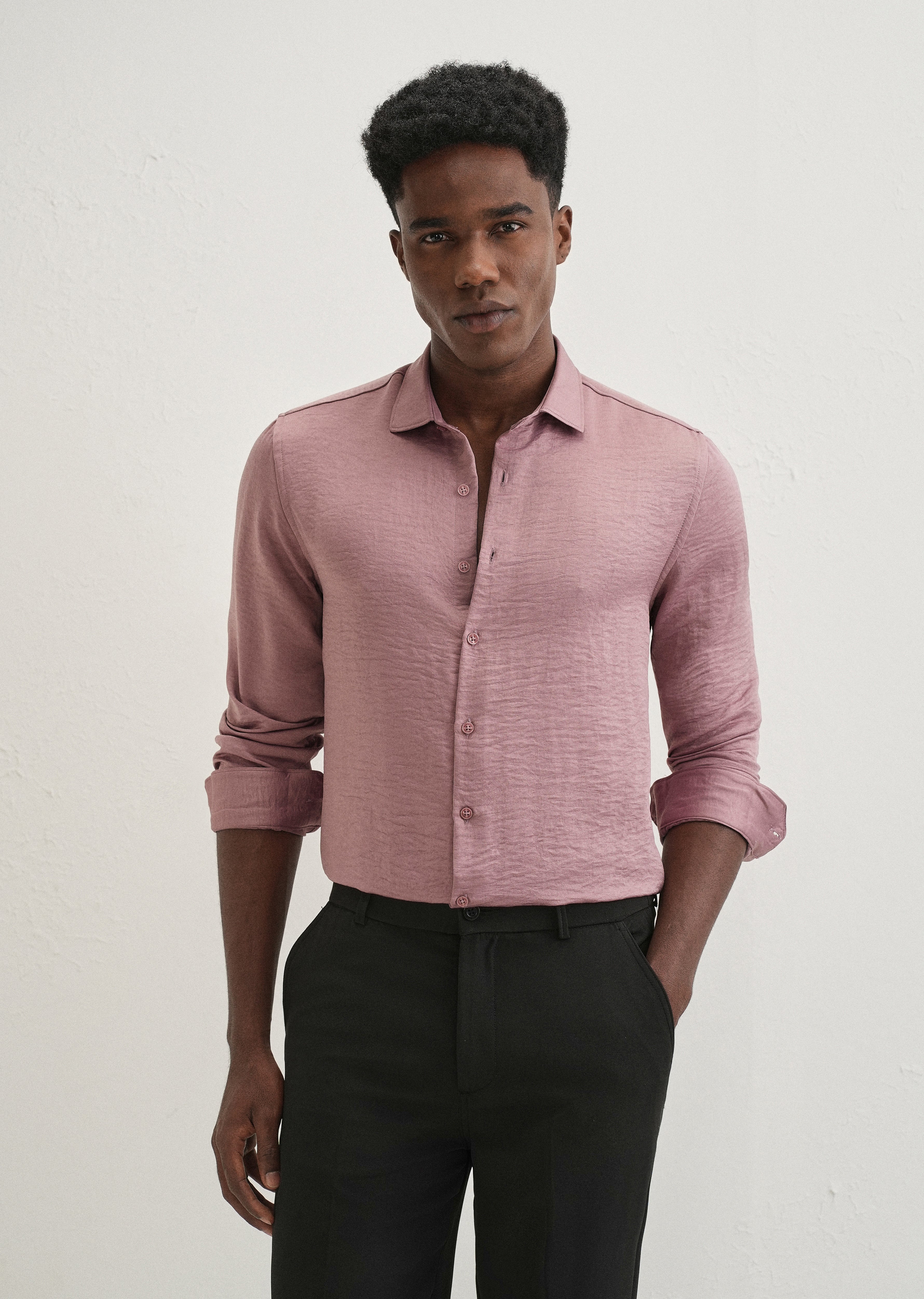 Mauve Pink Plain Crushed Satin Shirt