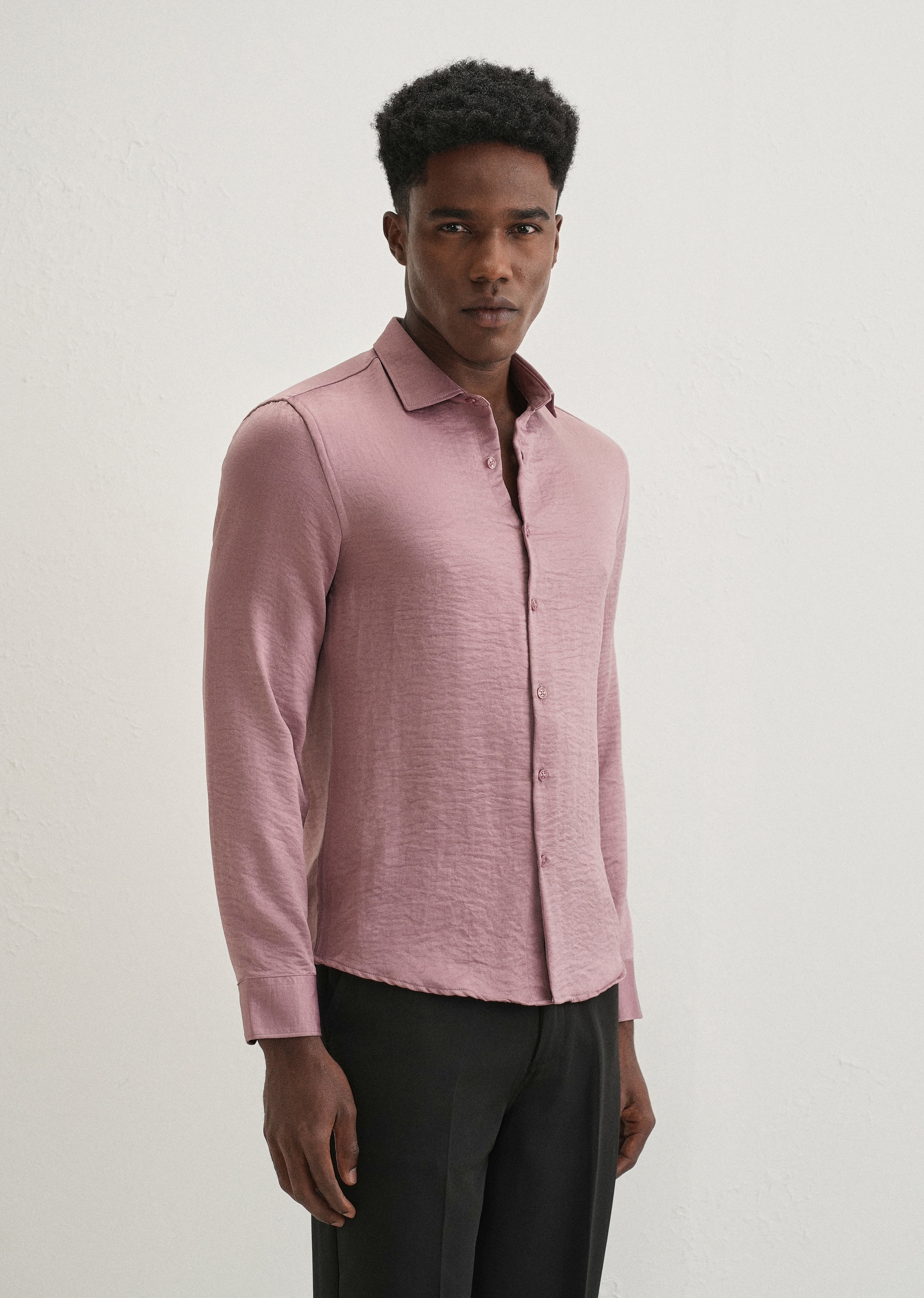 Mauve Pink Plain Crushed Satin Shirt