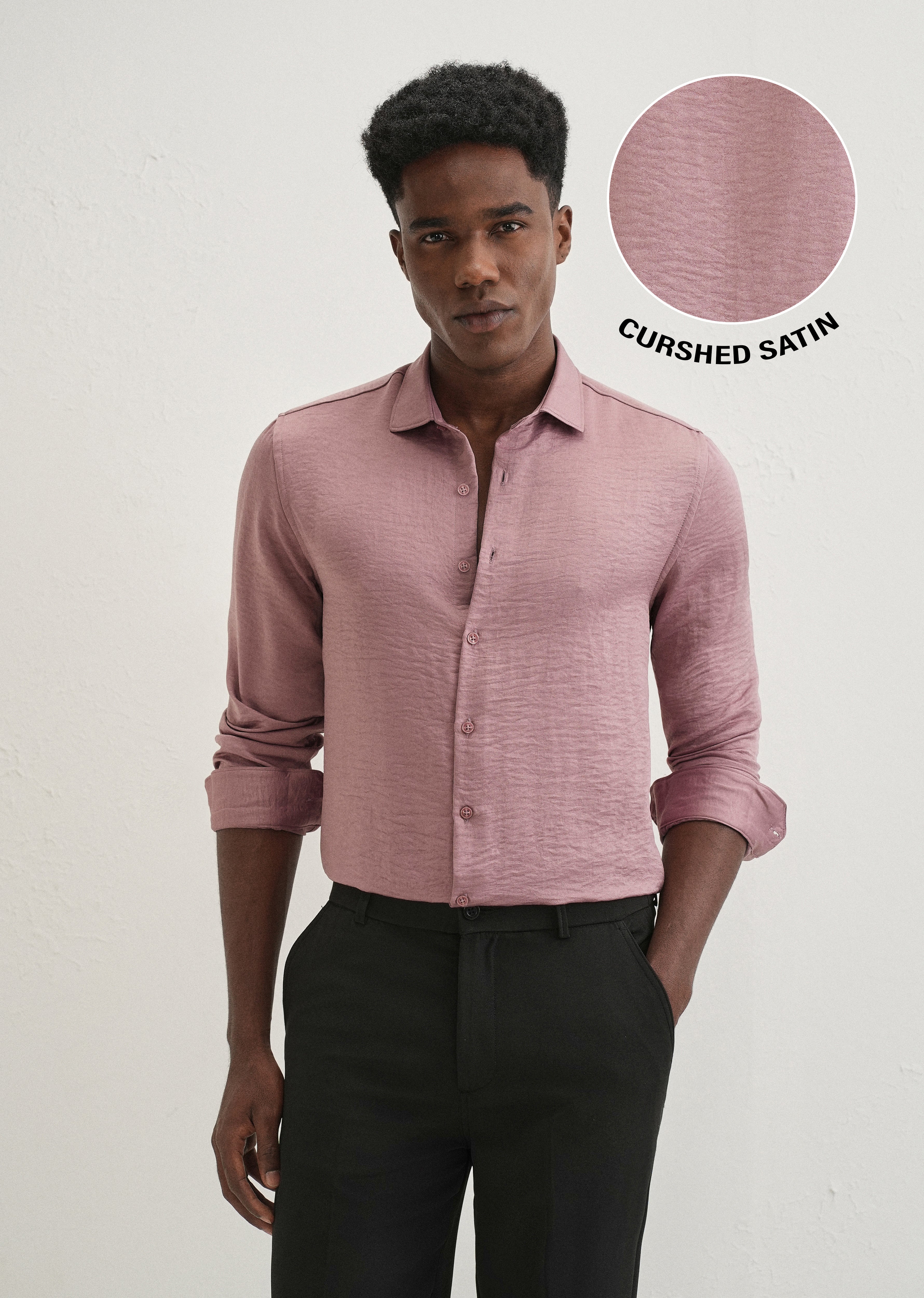 Mauve Pink Plain Crushed Satin Shirt