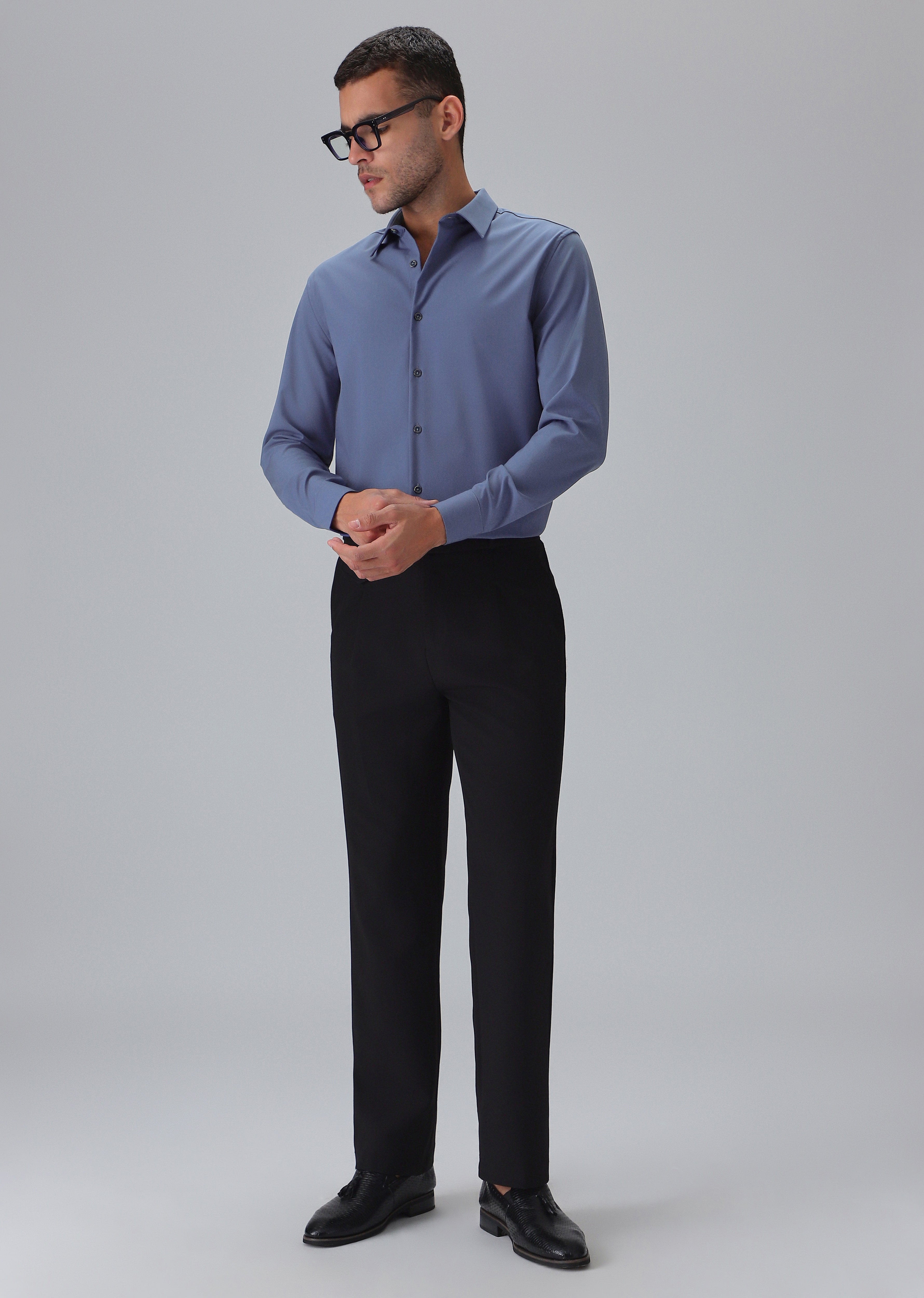 Melange Blue Plain Wrinkle Free Shirt