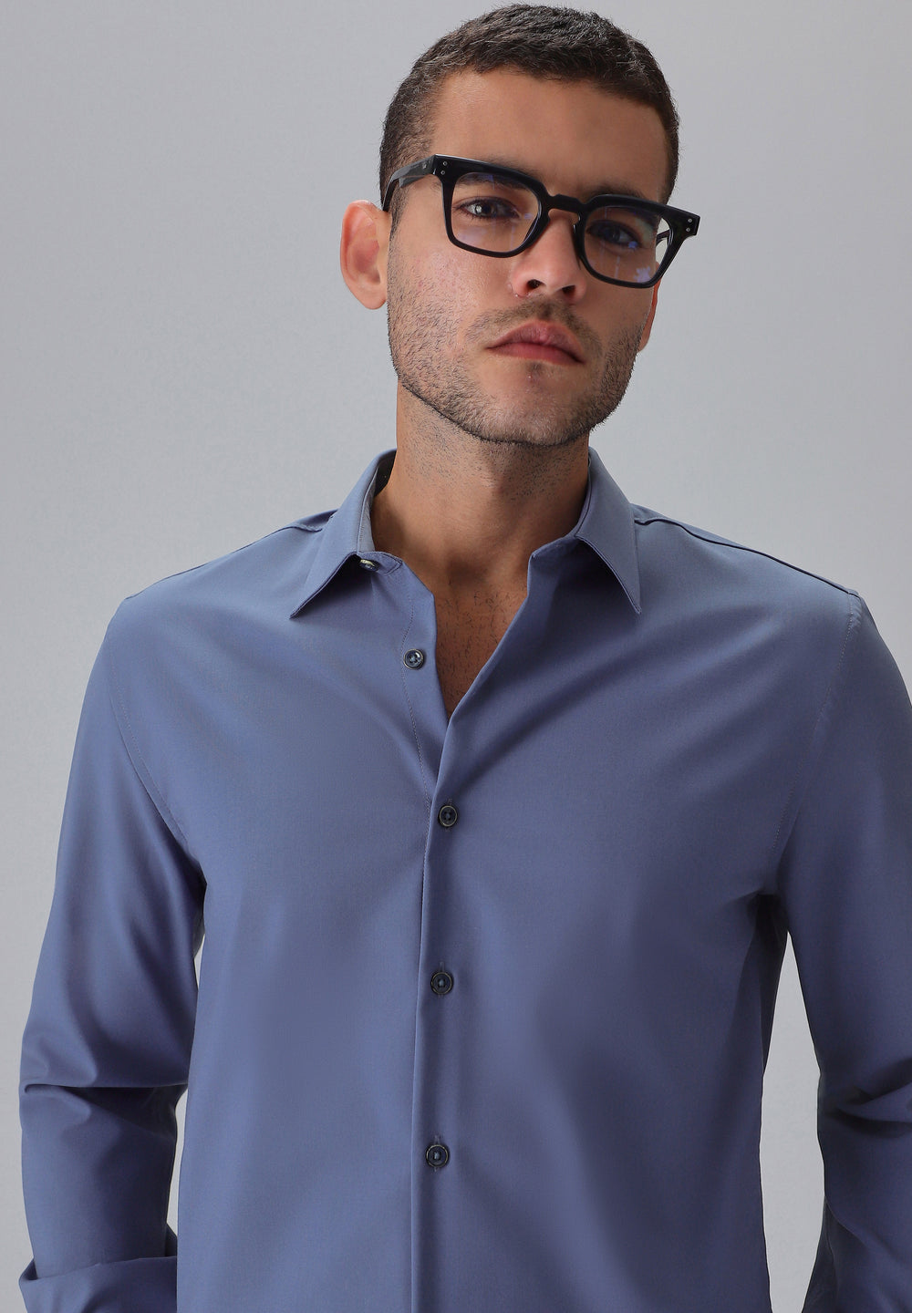 Melange Blue Plain Wrinkle Free Shirt