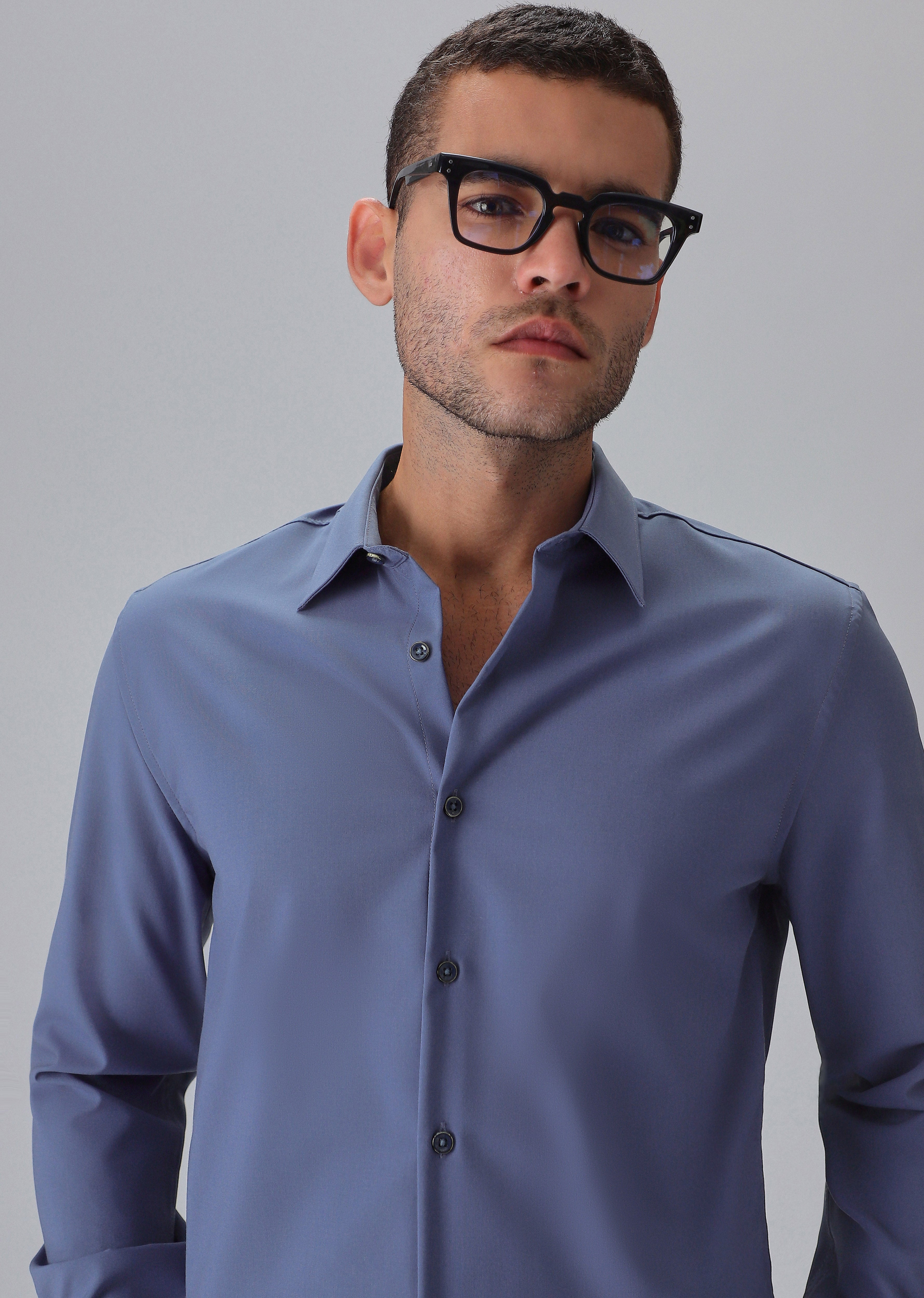 Melange Blue Plain Wrinkle Free Shirt