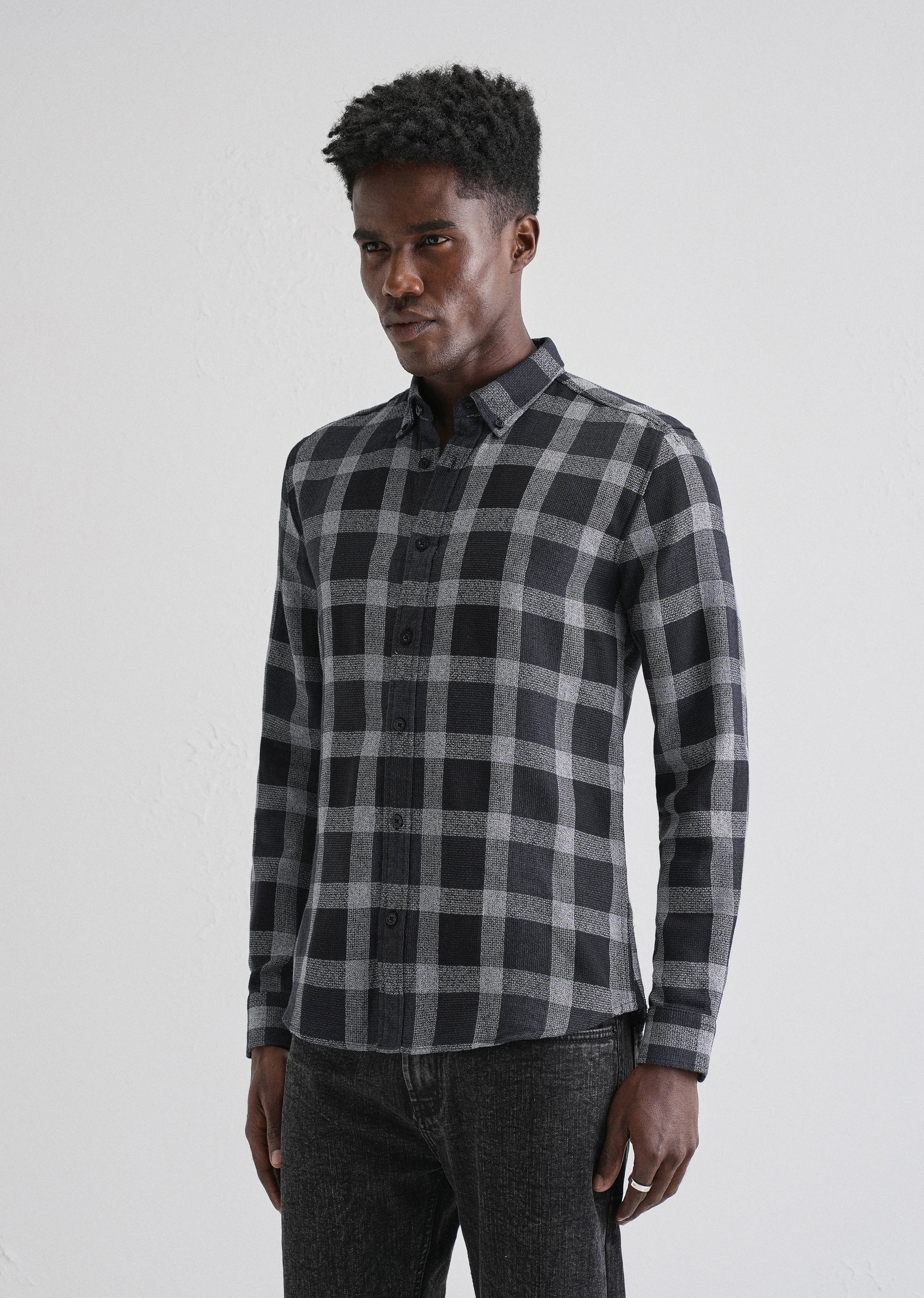 Melange Square Grid Black Check Shirt