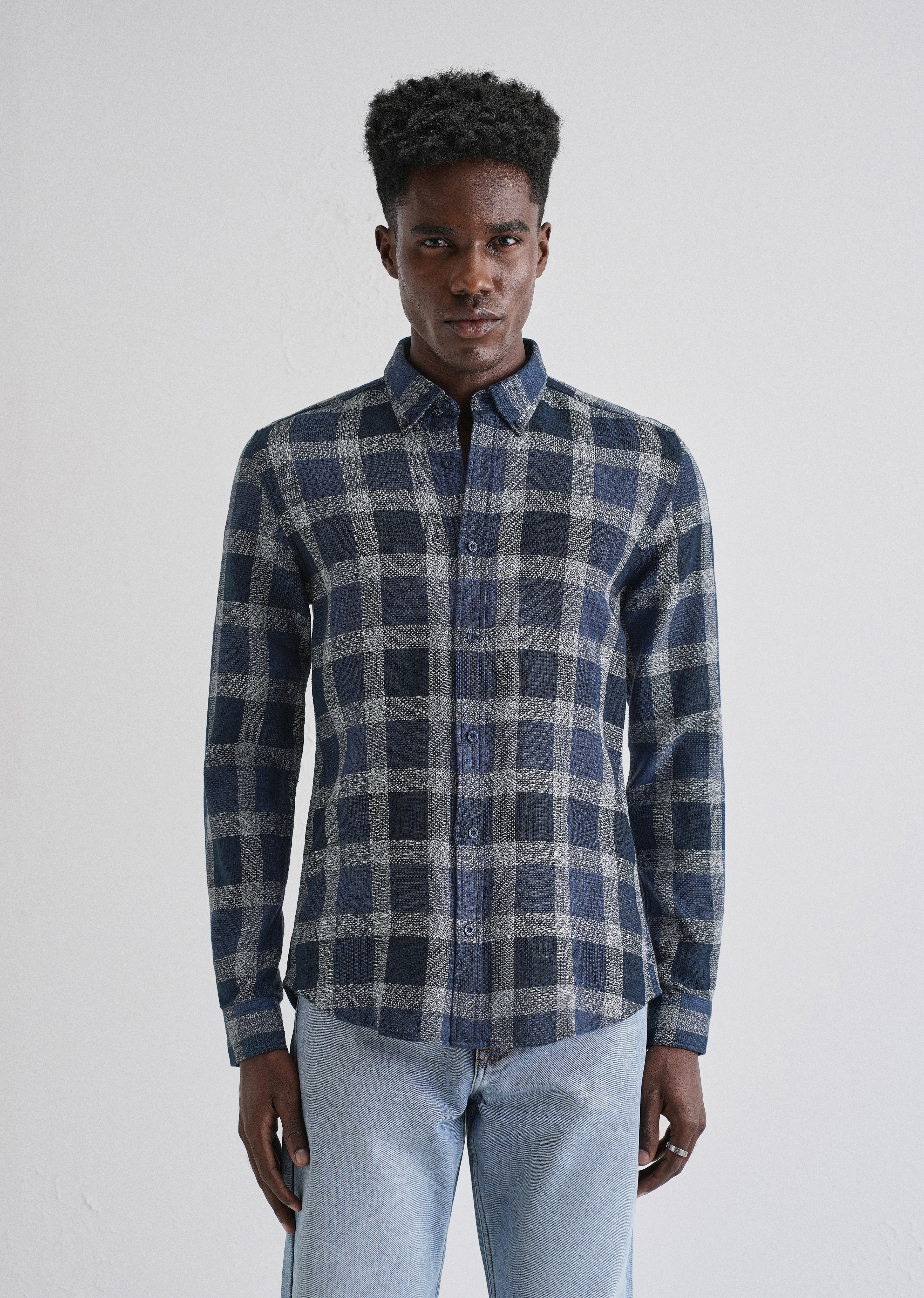 Melange Square Grid Blue Check Shirt