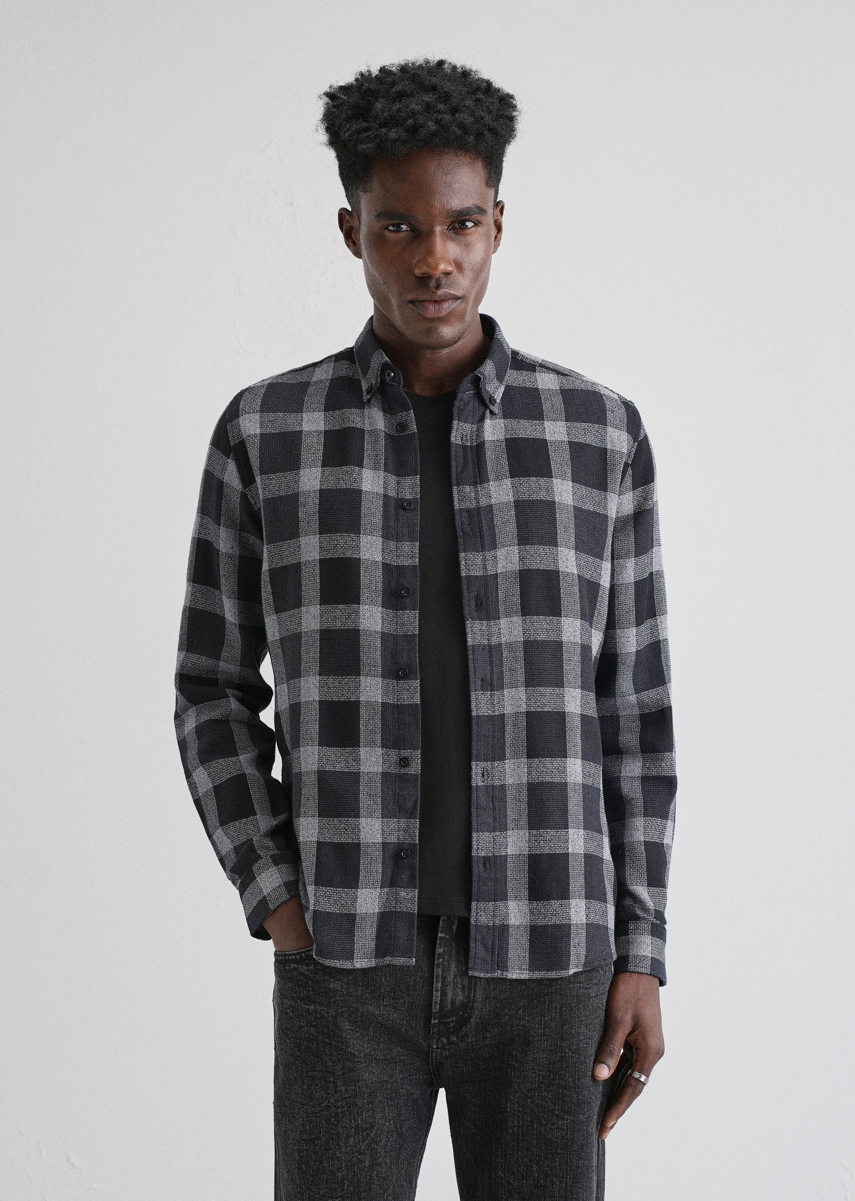 Melange Square Grid Black Check Shirt