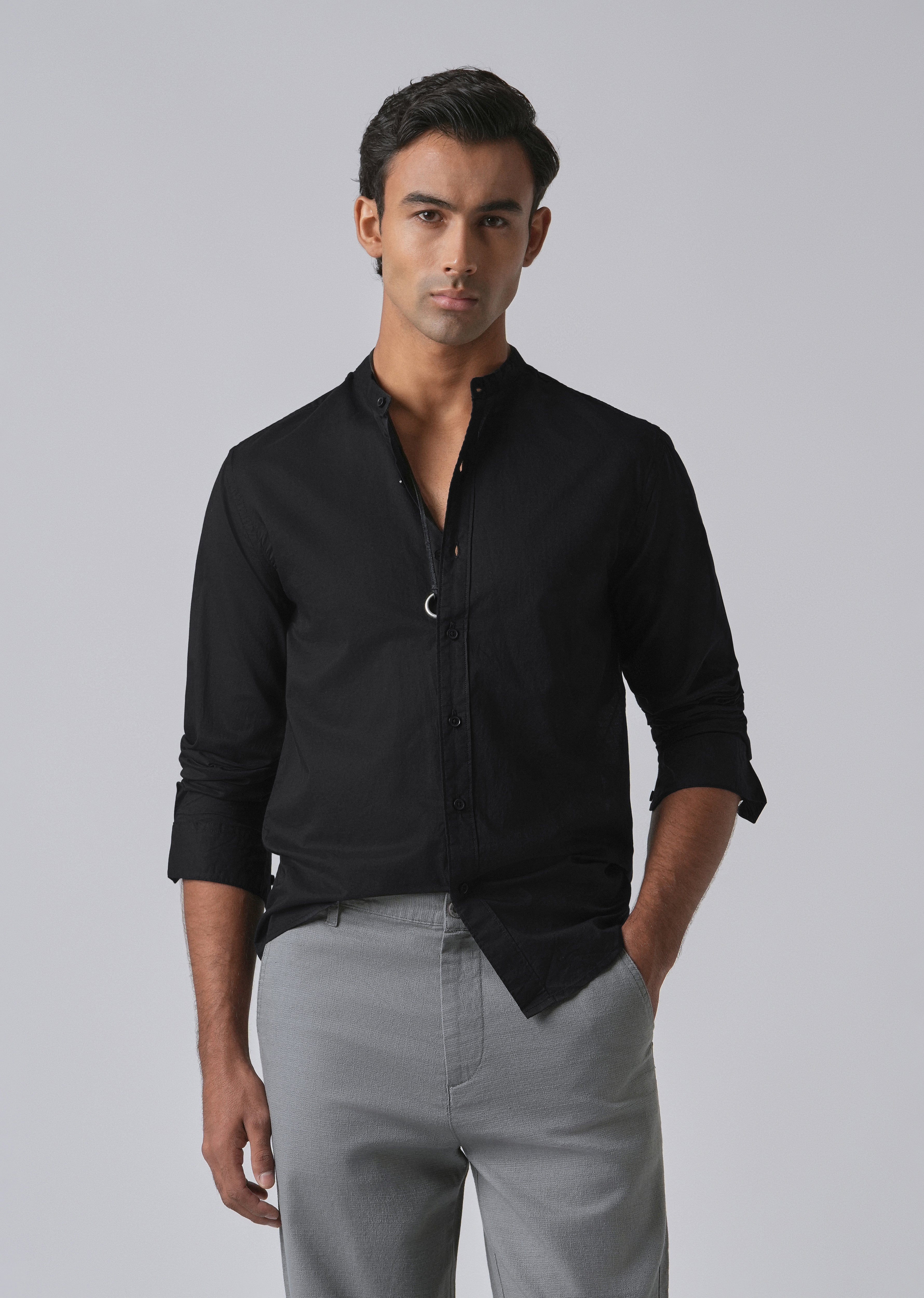 Meredian Black Plain Cotton Shirt