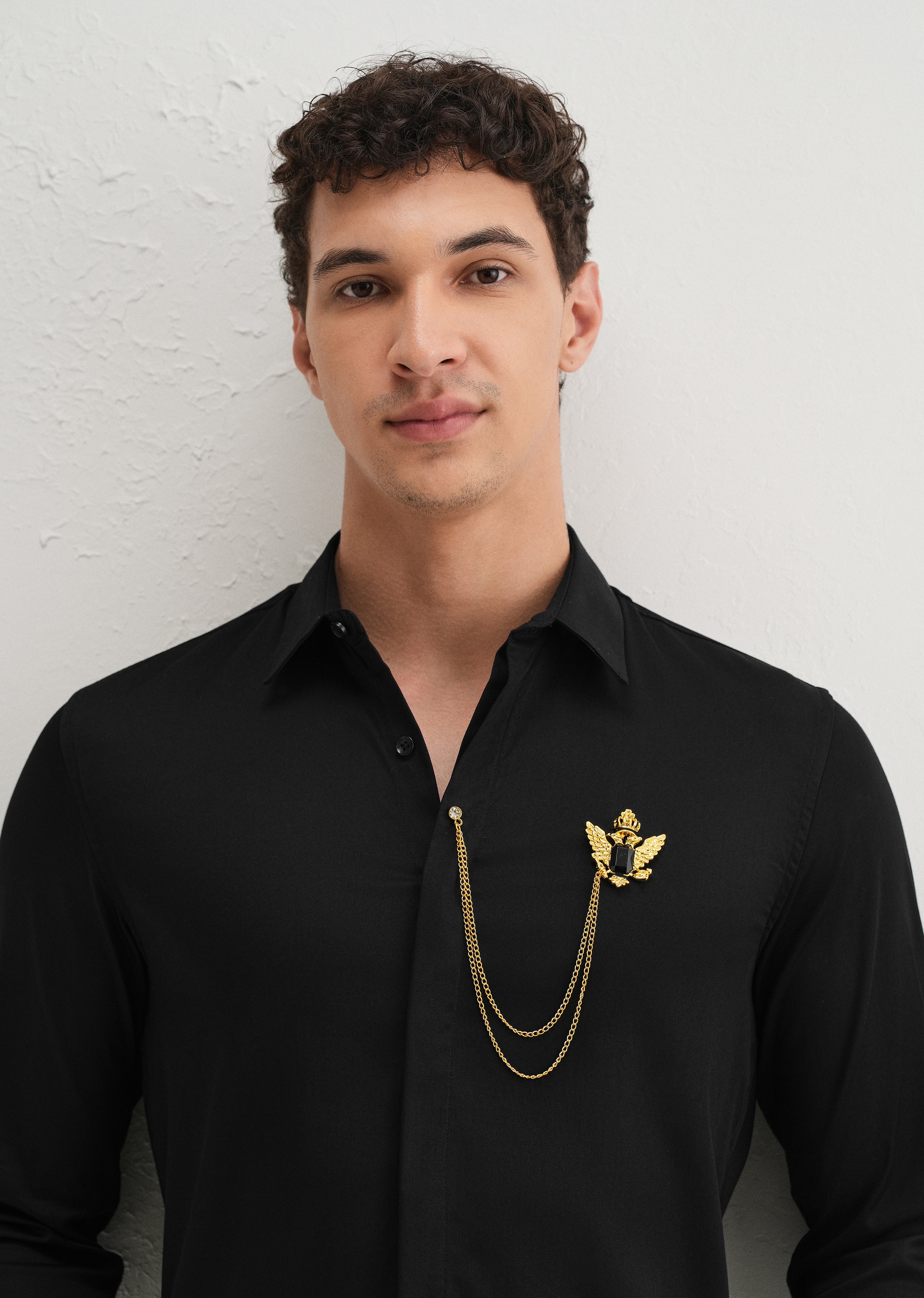 Metallic Bird Brooch Black Designer Shirt