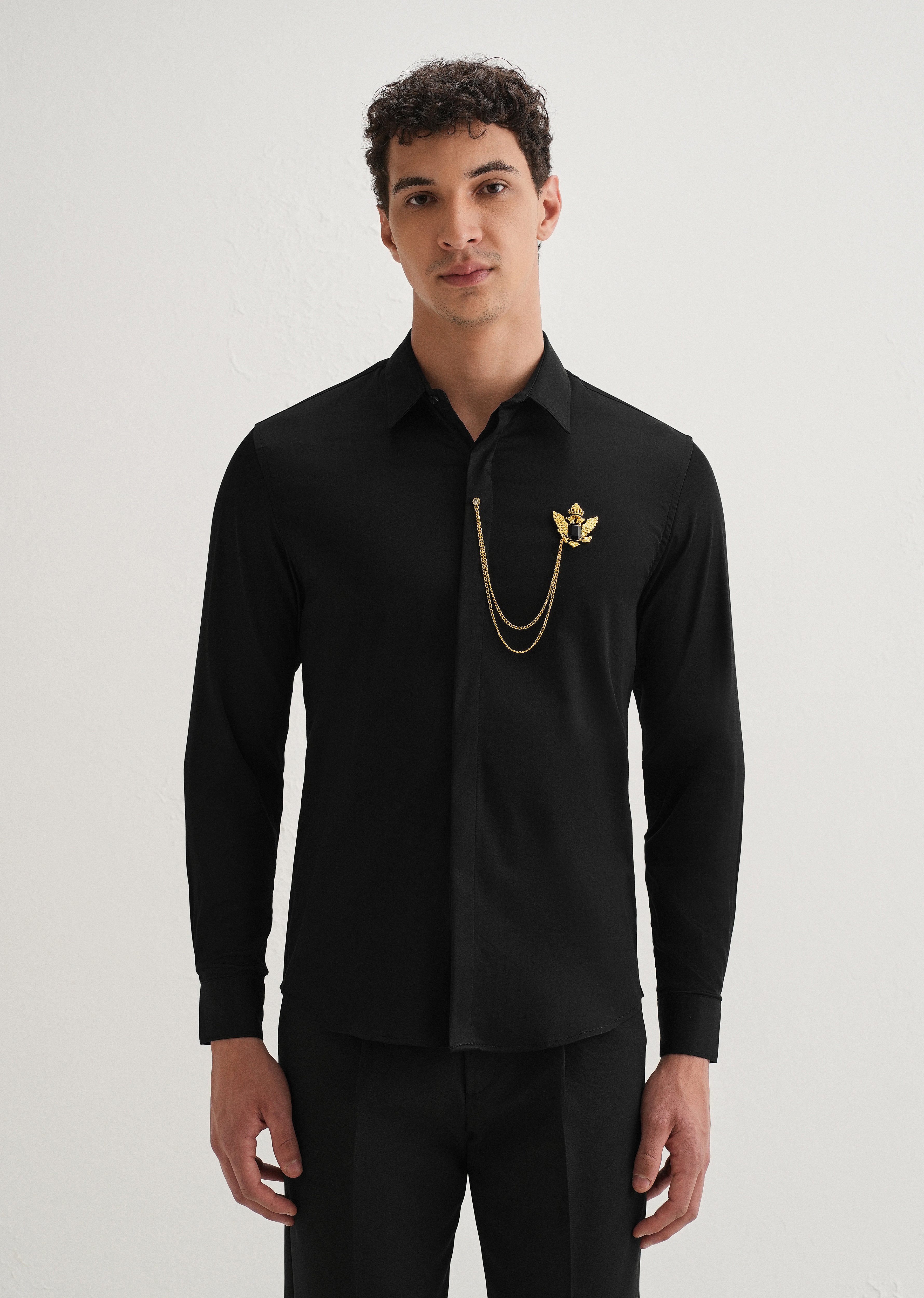 Metallic Bird Brooch Black Designer Shirt
