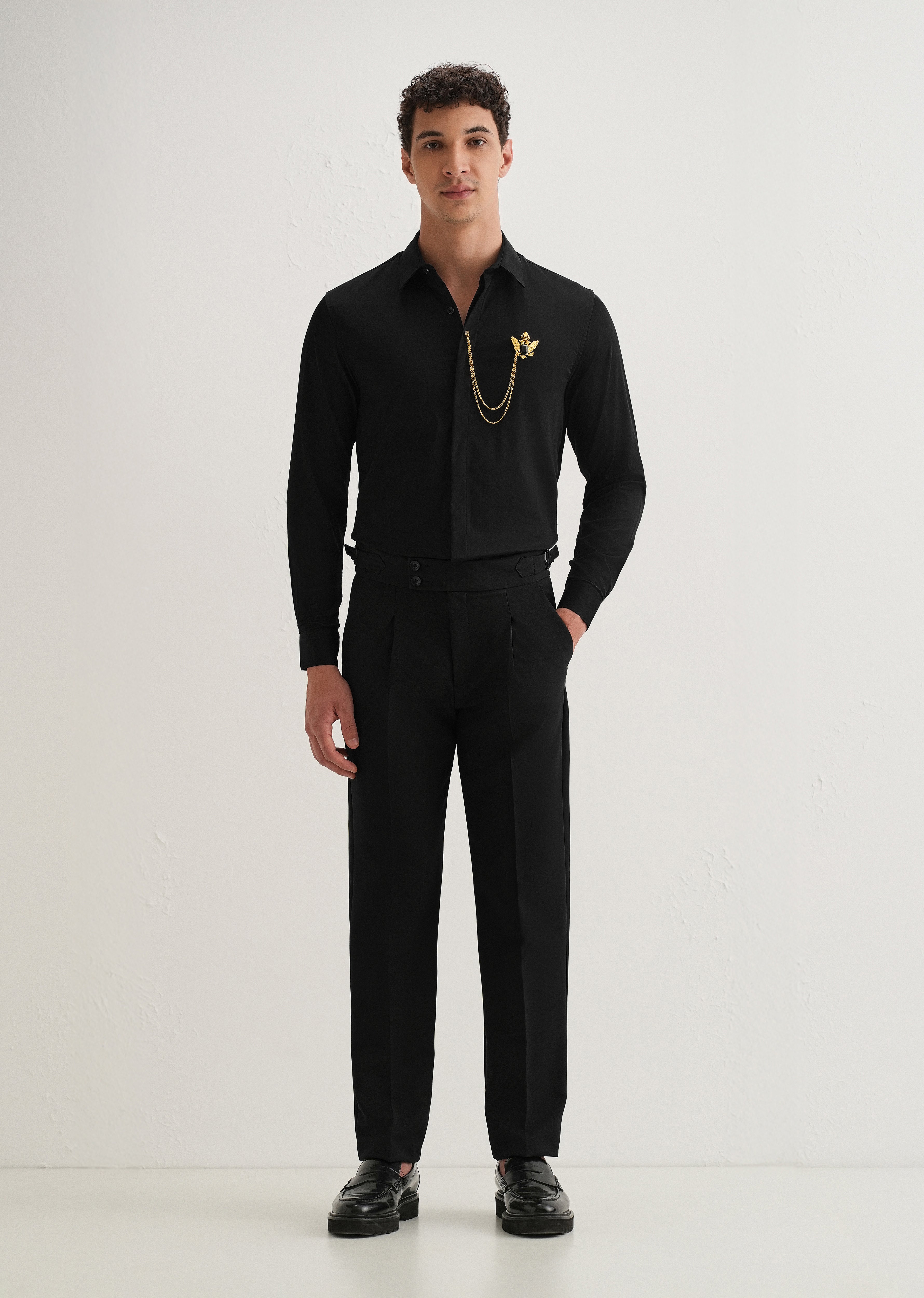 Metallic Bird Brooch Black Designer Shirt