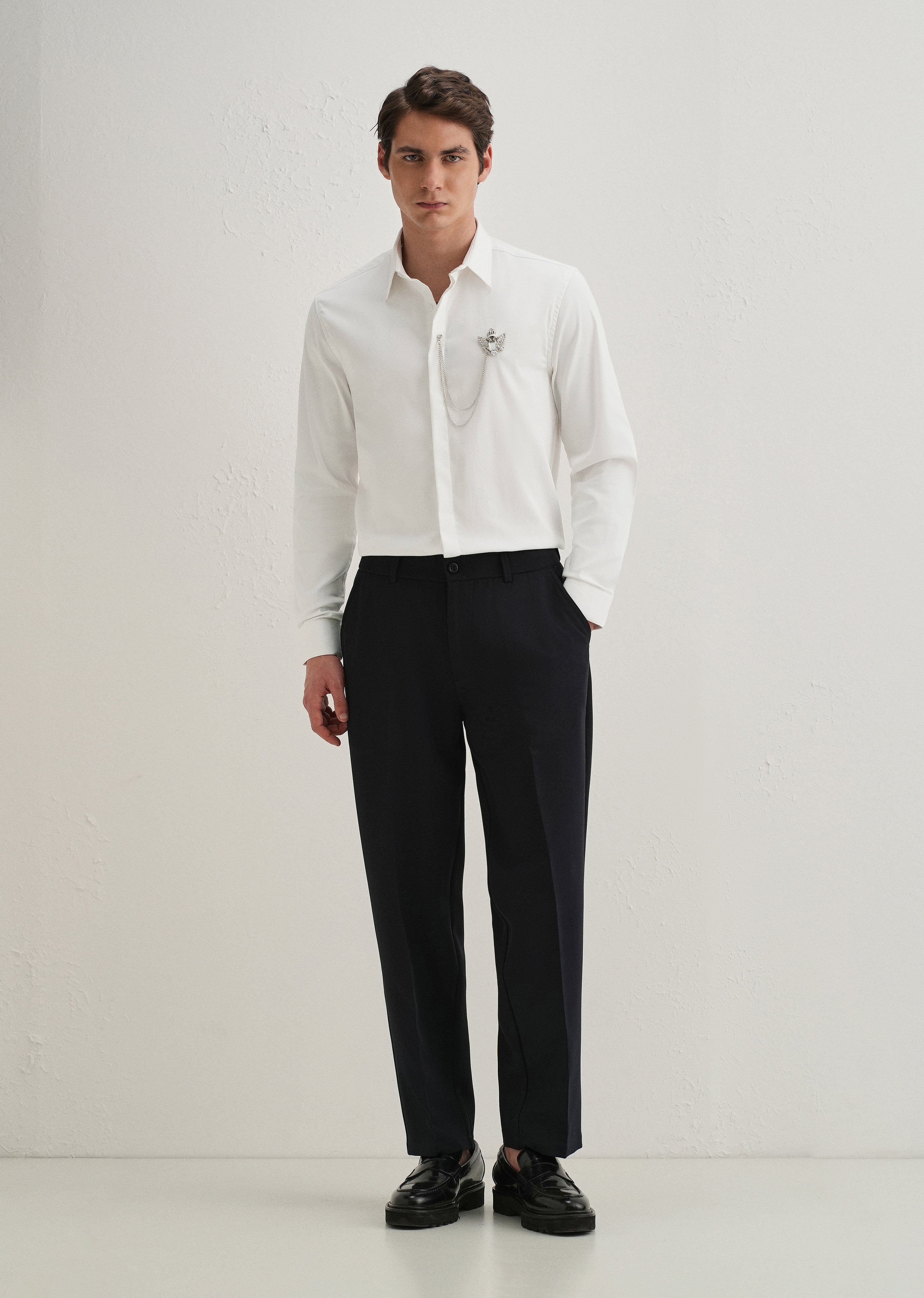 Metallic Bird Brooch White Designer Shirt