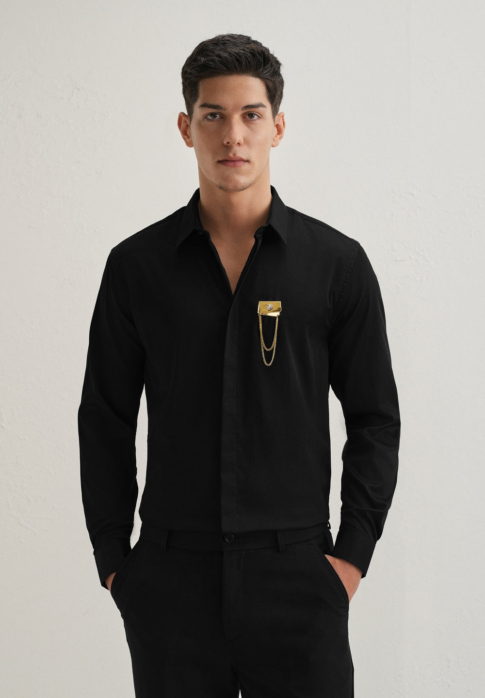 Metallic Chain Brooch Black Designer Shirt