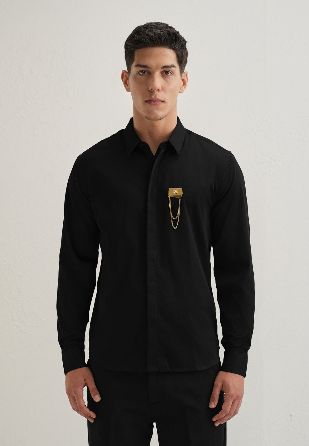 Metallic Chain Brooch Black Designer Shirt