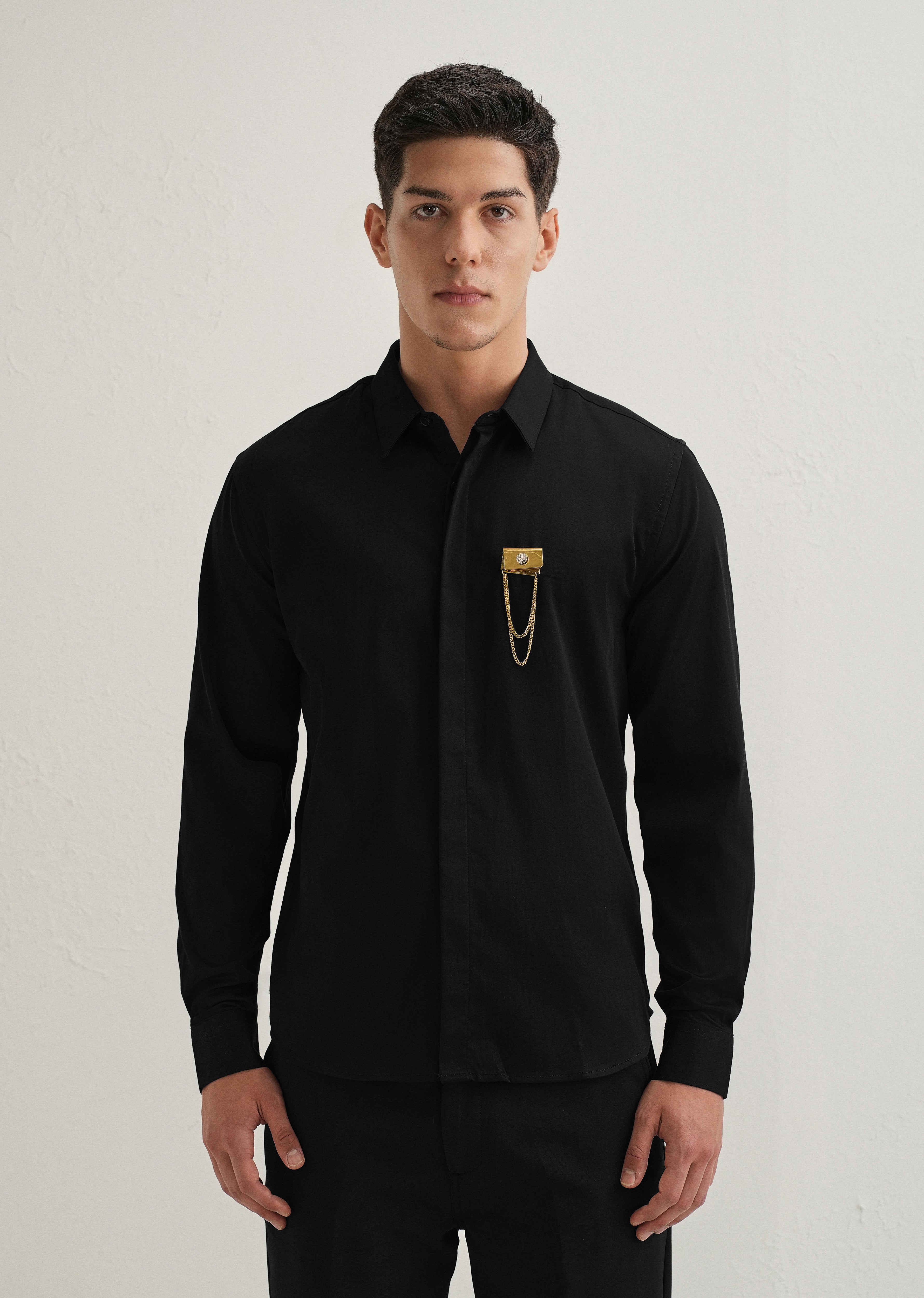 Metallic Chain Brooch Black Designer Shirt