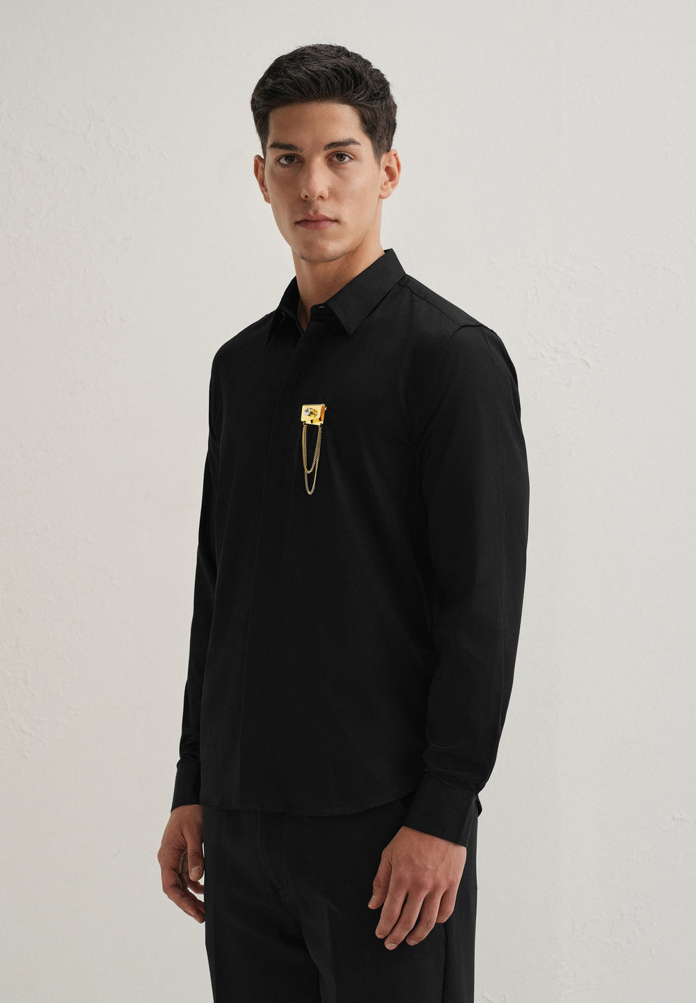 Metallic Chain Brooch Black Designer Shirt