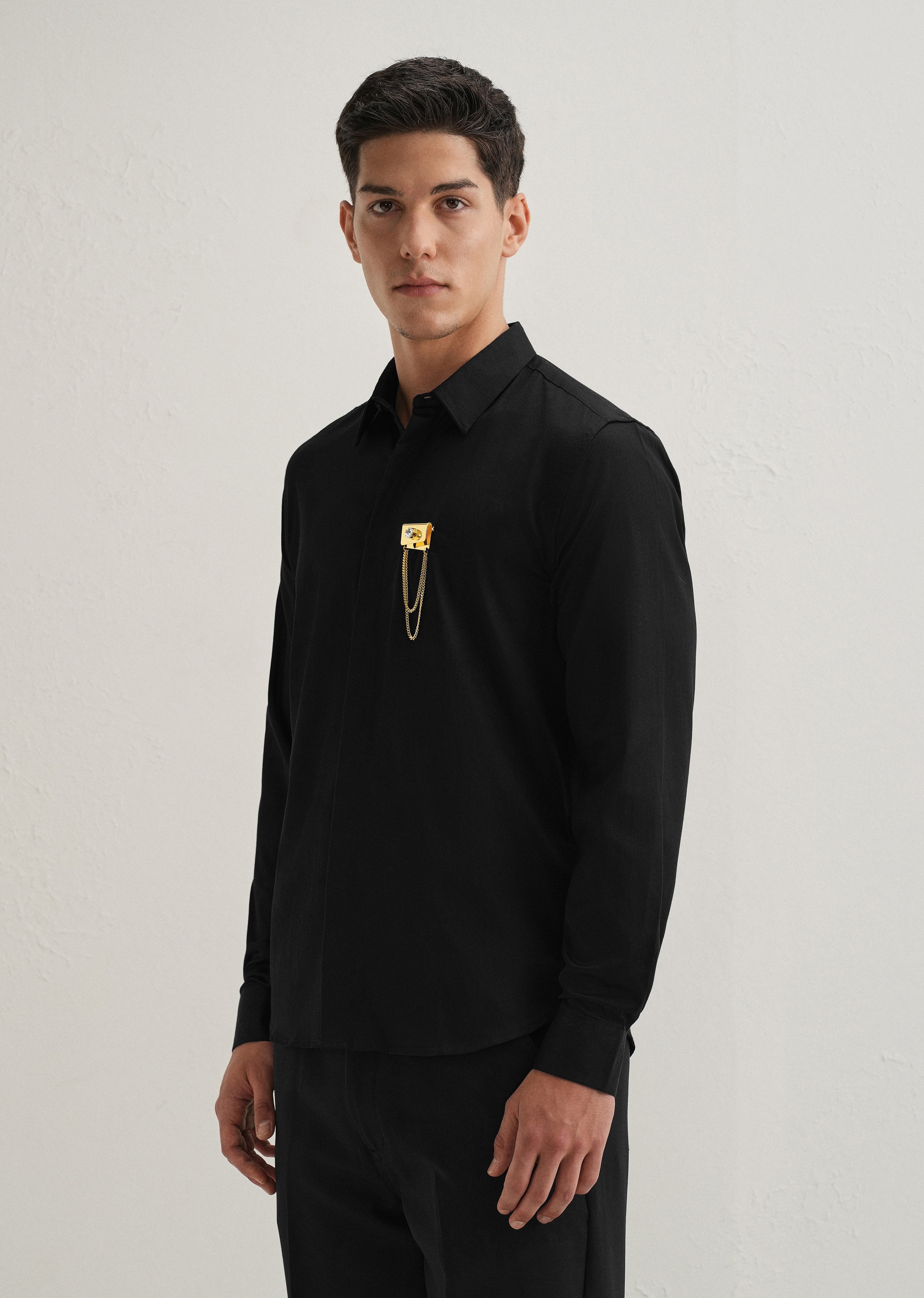 Metallic Chain Brooch Black Designer Shirt