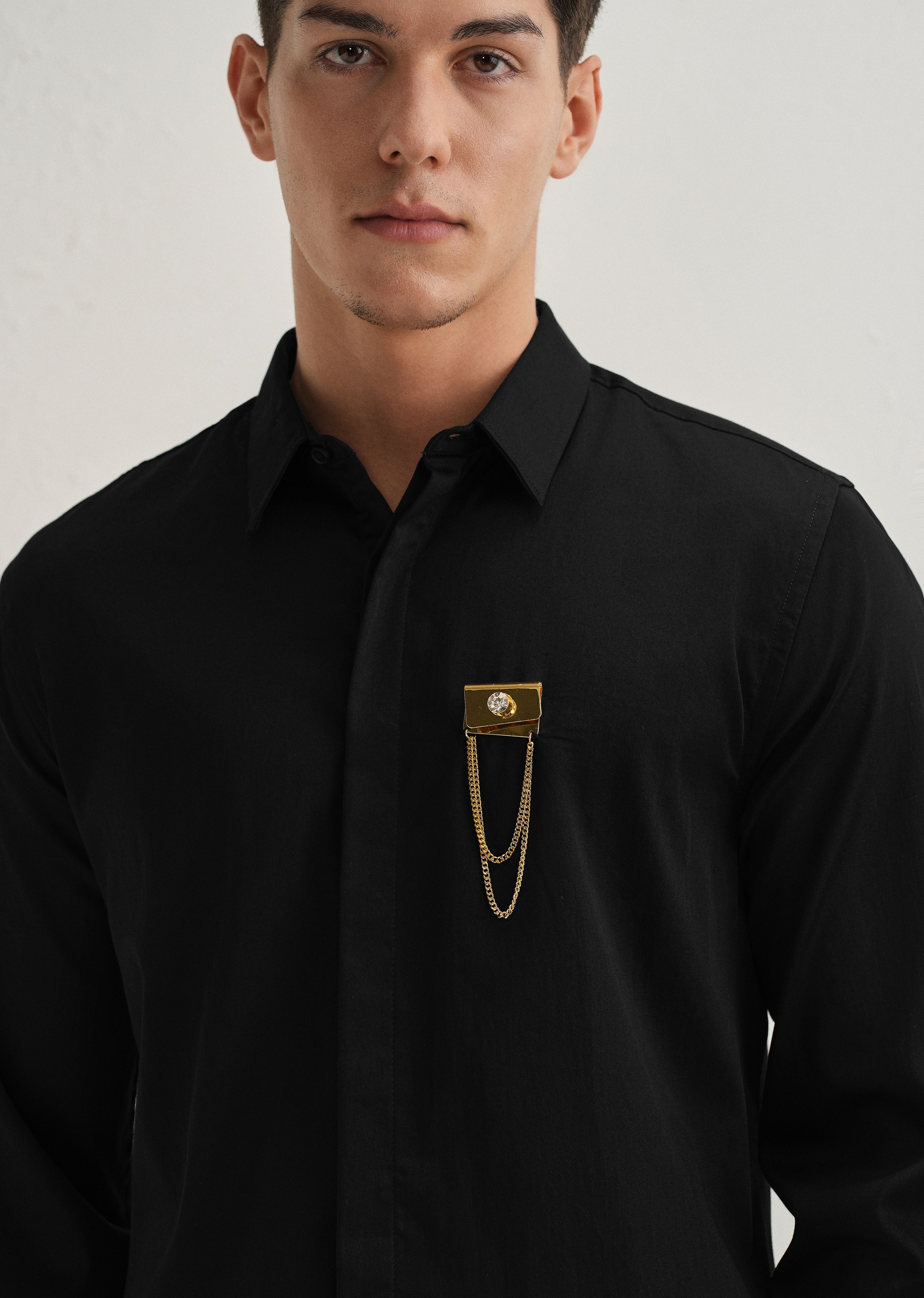 Metallic Chain Brooch Black Designer Shirt