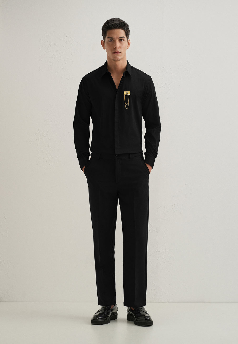 Metallic Chain Brooch Black Designer Shirt