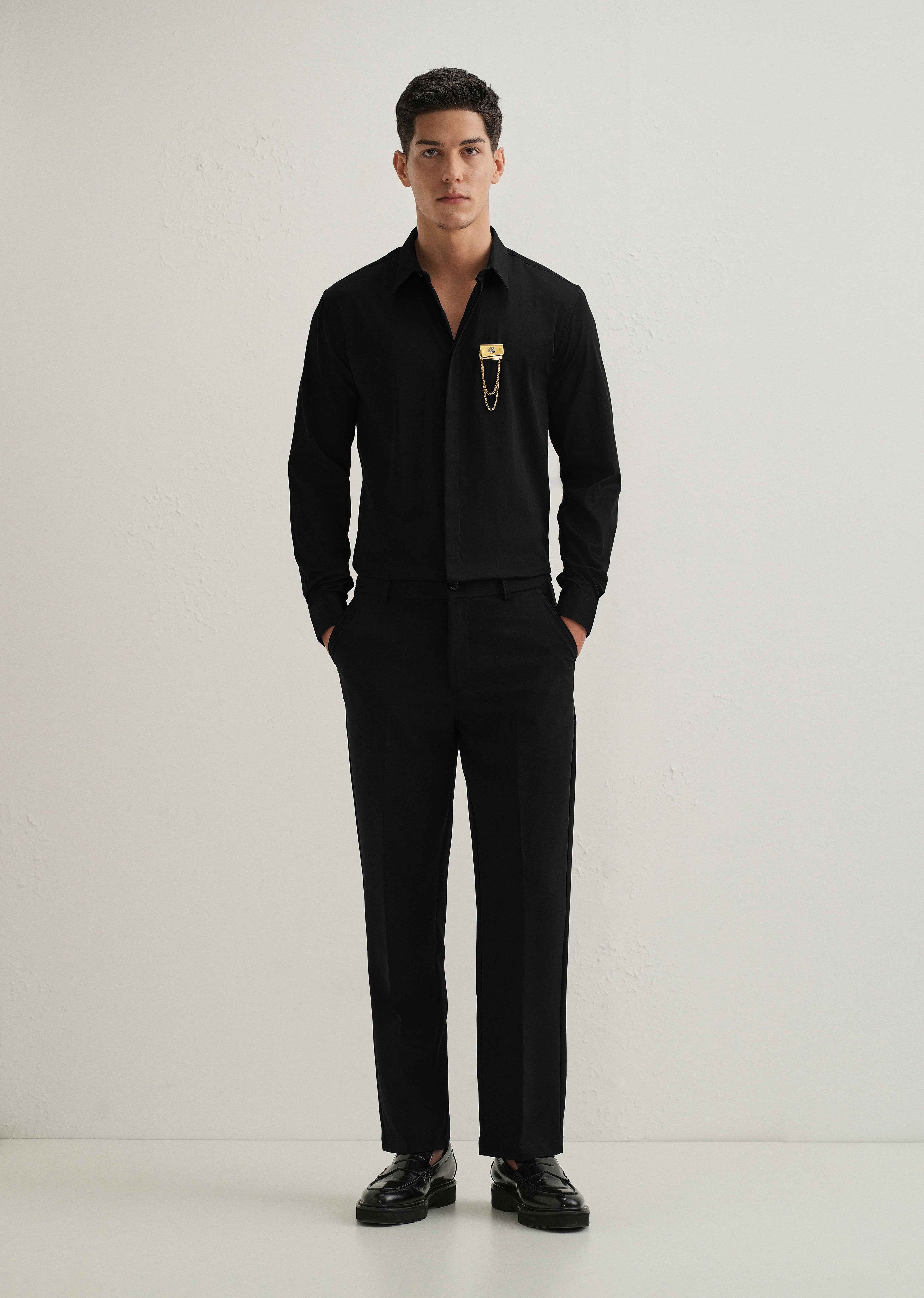 Metallic Chain Brooch Black Designer Shirt