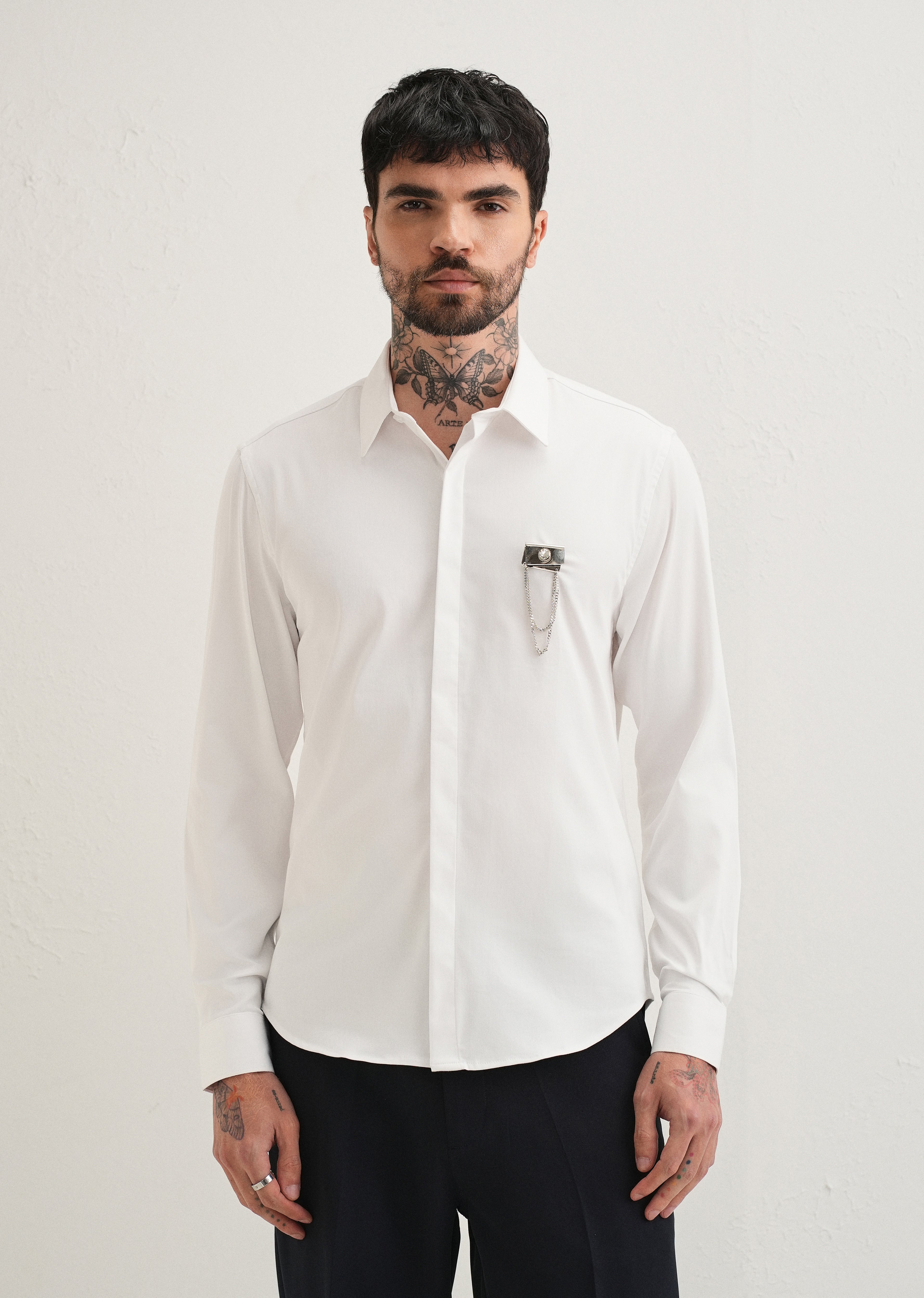 Metallic Chain Brooch White Designer Shirt