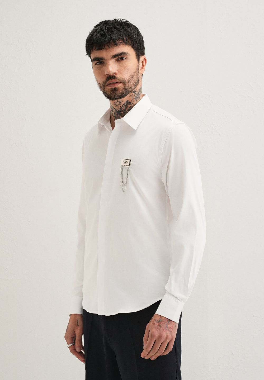 Metallic Chain Brooch White Designer Shirt