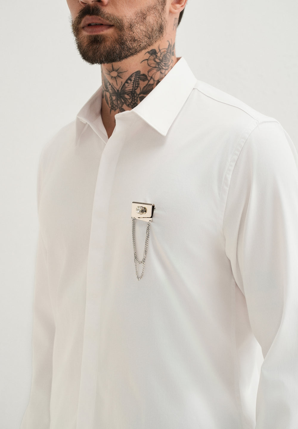 Metallic Chain Brooch White Designer Shirt