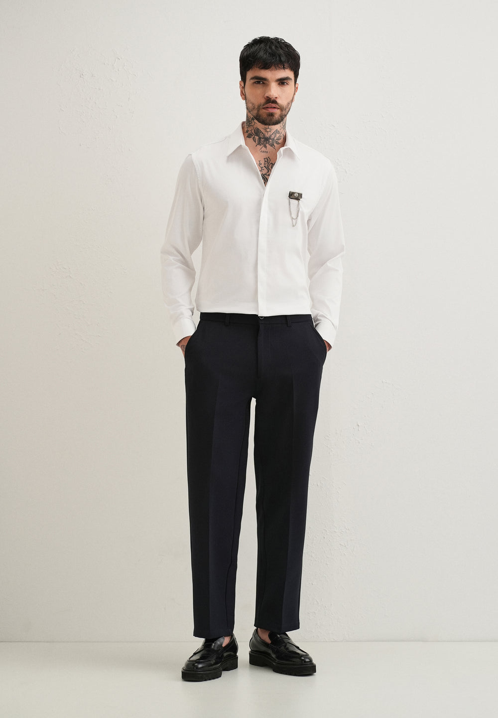 Metallic Chain Brooch White Designer Shirt