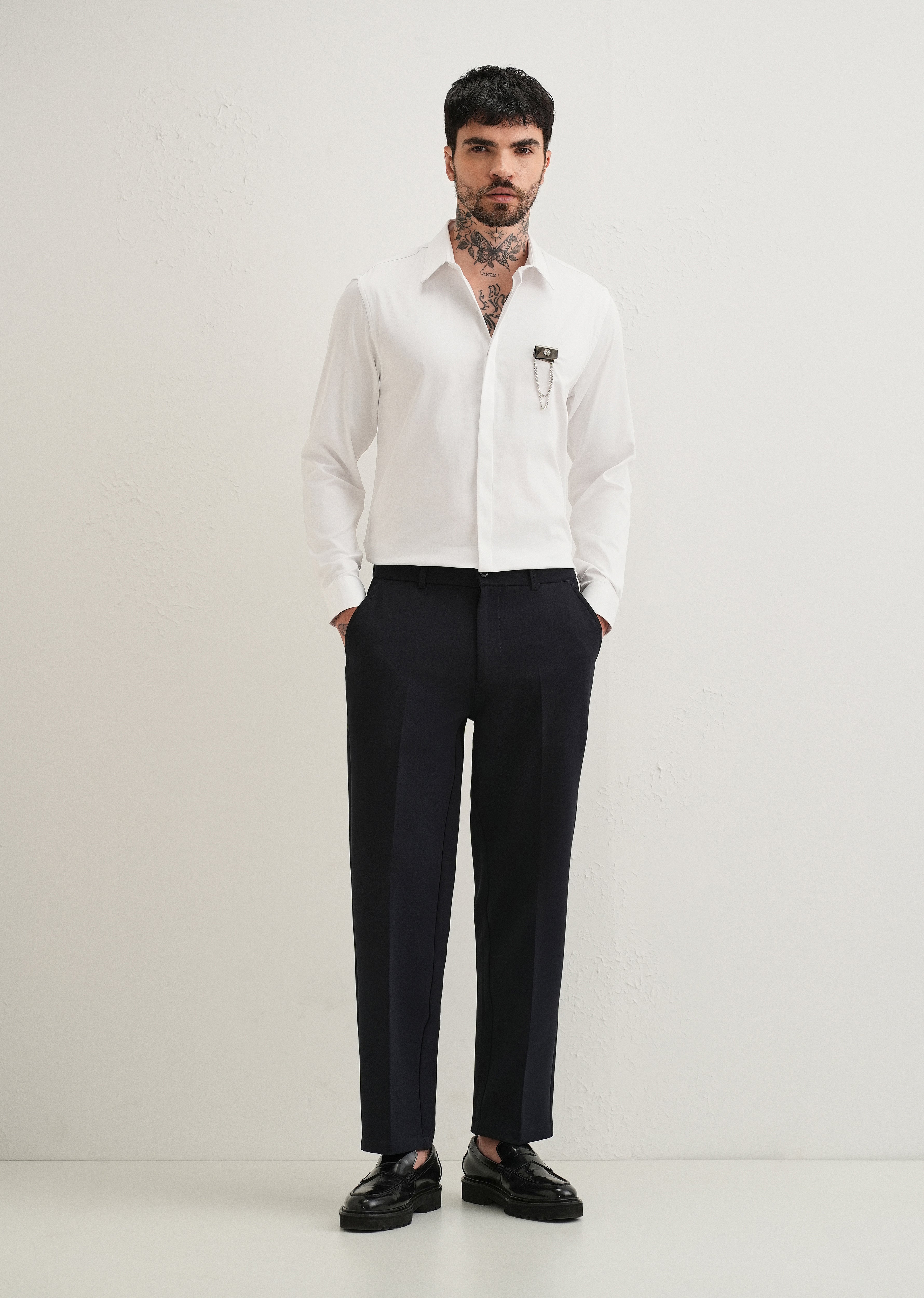 Metallic Chain Brooch White Designer Shirt