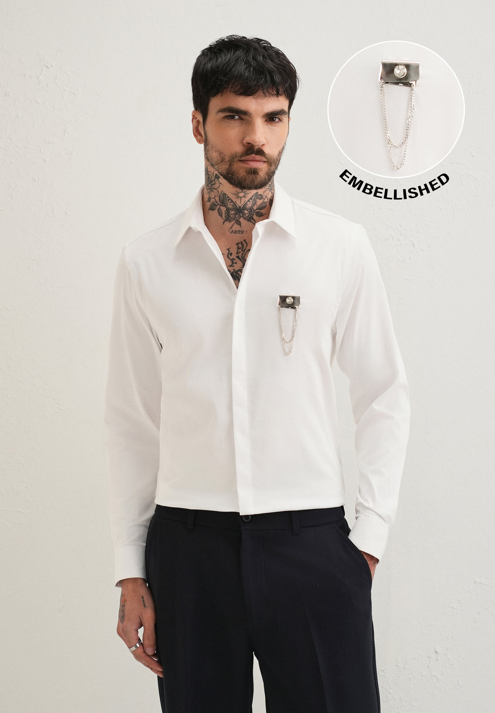 Metallic Chain Brooch White Designer Shirt
