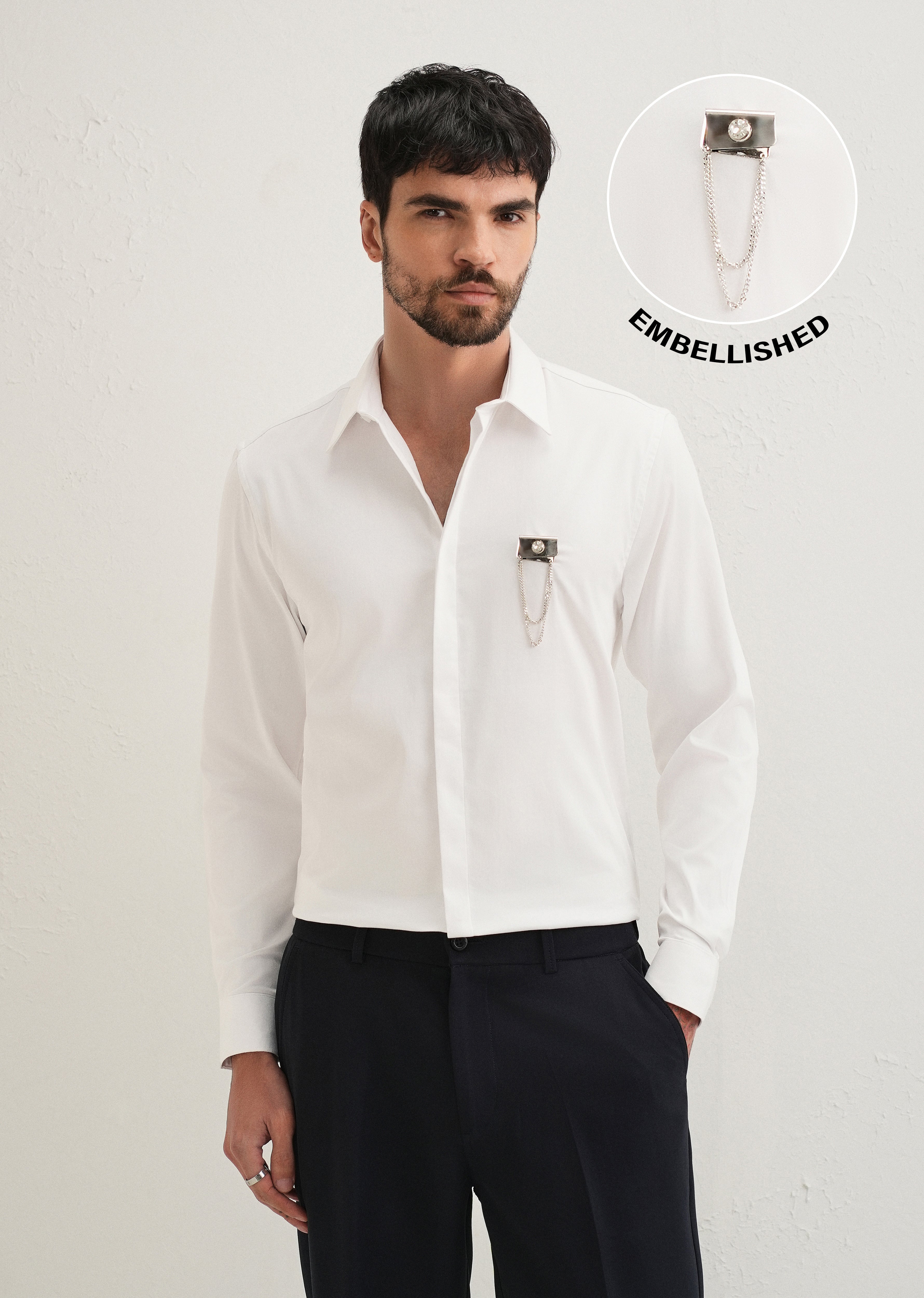 Metallic Chain Brooch White Designer Shirt